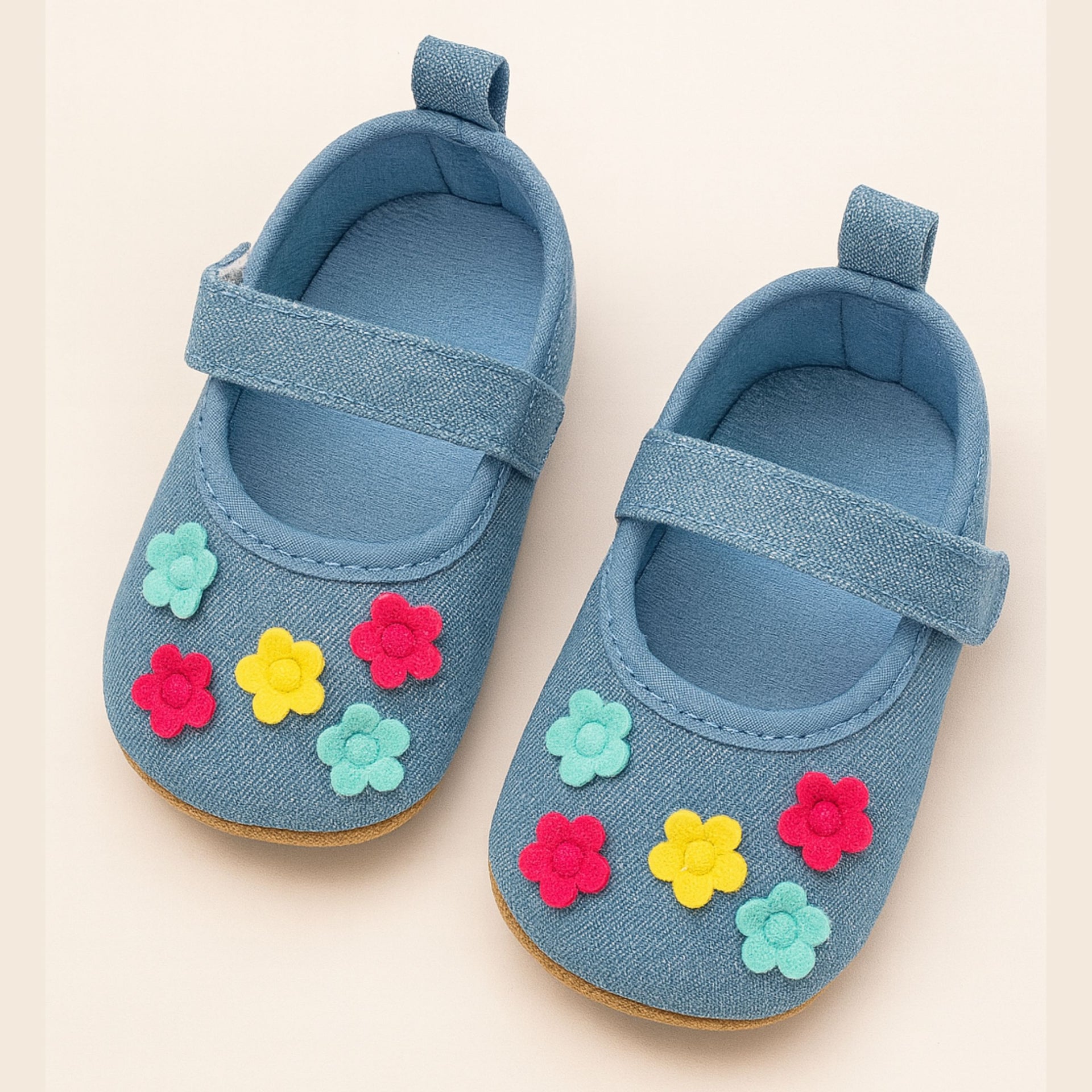Smile Baby Girls' Blue Denim Booties with Anti-Slip Sole – Soft Pre-Walker Shoes with Colorful Flower Design (0–18 Months)