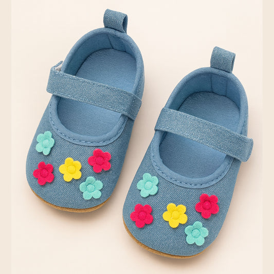 Smile Baby Girls' Blue Denim Booties with Anti-Slip Sole – Soft Pre-Walker Shoes with Colorful Flower Design (0–18 Months)