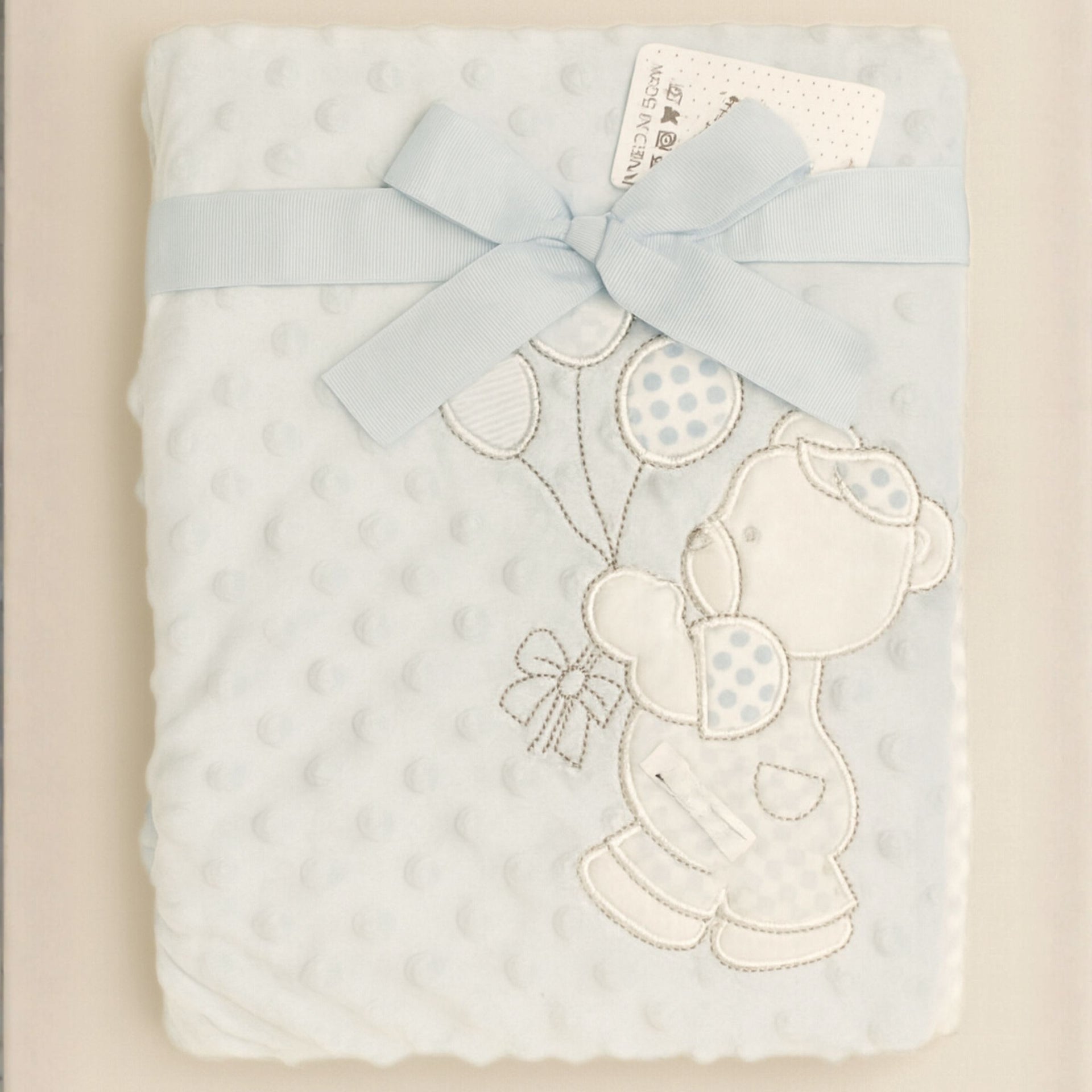 SUNNOZY Ultra Soft Baby Blanket with Teddy Embroidery and Ribbon – Blue Minky Dotted Blanket for Newborns (Size: 75x100 cm)