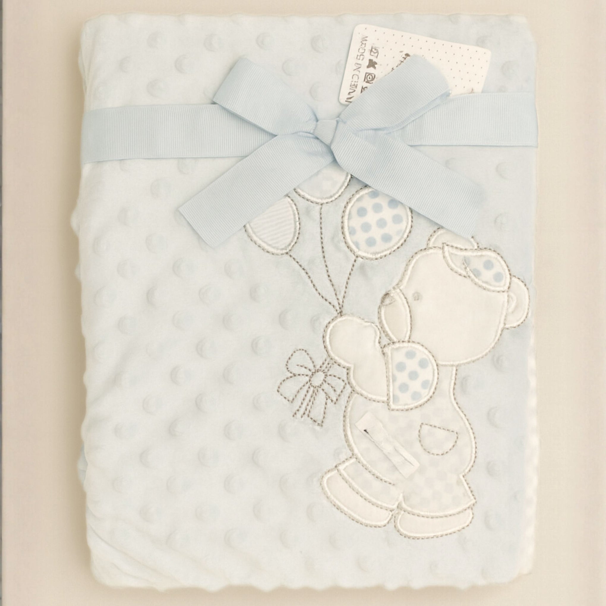 SUNNOZY Ultra Soft Baby Blanket with Teddy Embroidery and Ribbon – Blue Minky Dotted Blanket for Newborns (Size: 75x100 cm)