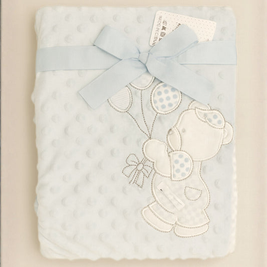 SUNNOZY Ultra Soft Baby Blanket with Teddy Embroidery and Ribbon – Blue Minky Dotted Blanket for Newborns (Size: 75x100 cm)