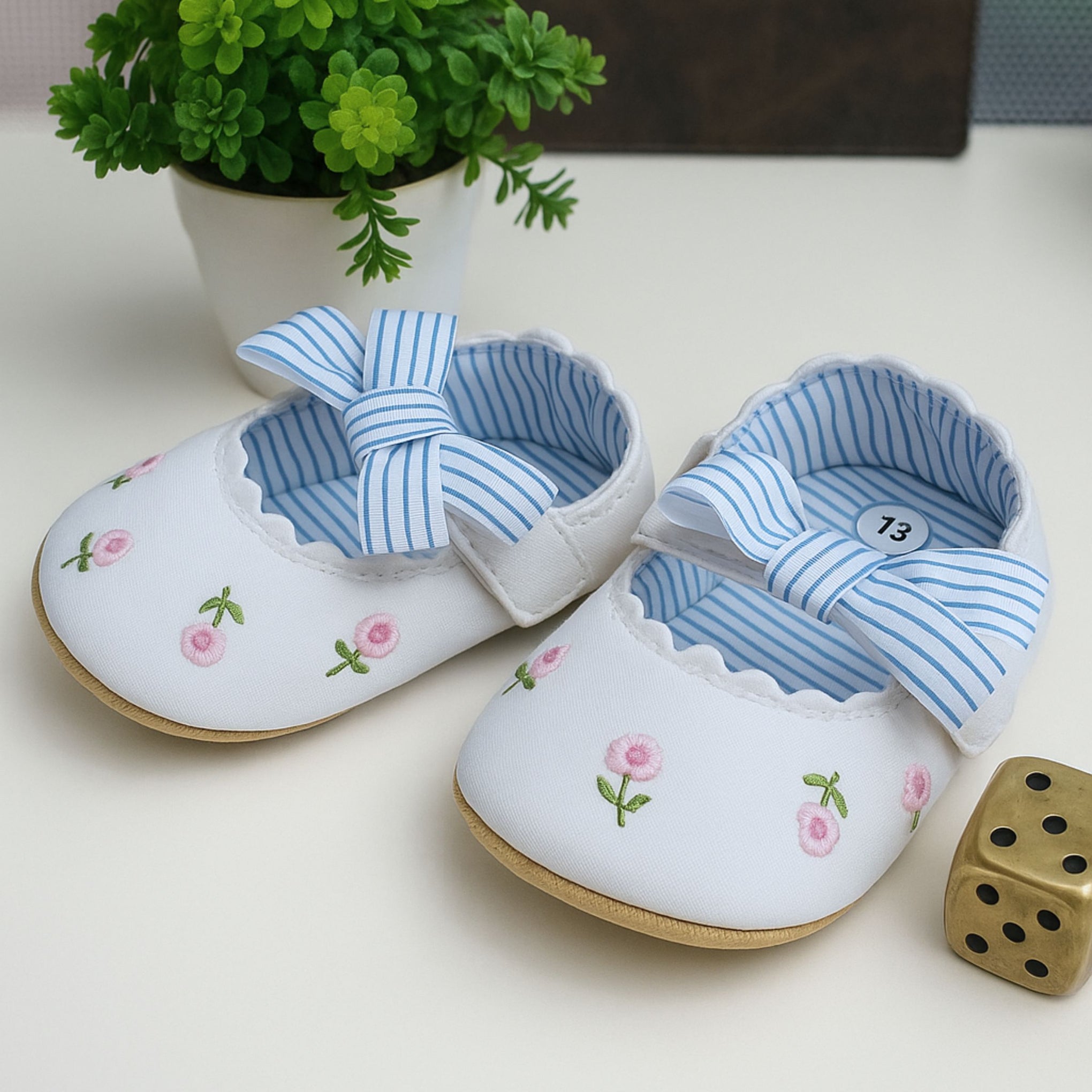 Smile Baby Soft Cotton Infant Shoes – Pink & Blue Embroidered Floral Ballerina with Striped Bow | Baby Girl Shoes | 0–18 Months
