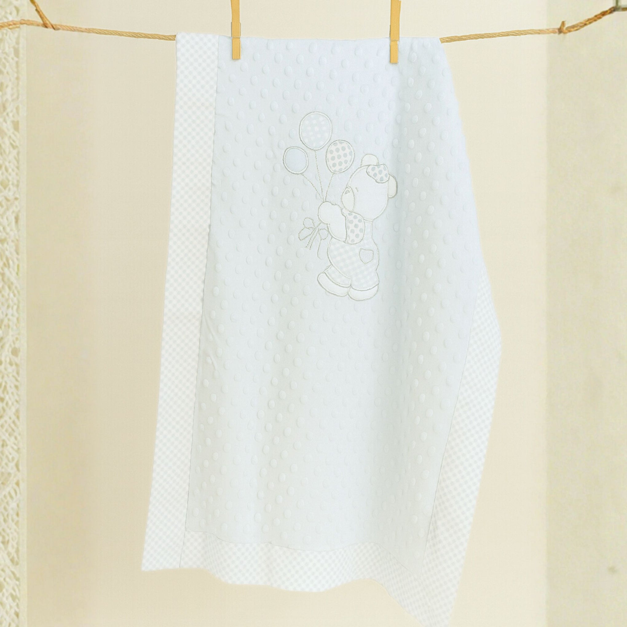 SUNNOZY Ultra Soft Baby Blanket with Teddy Embroidery and Ribbon – Blue Minky Dotted Blanket for Newborns (Size: 75x100 cm)