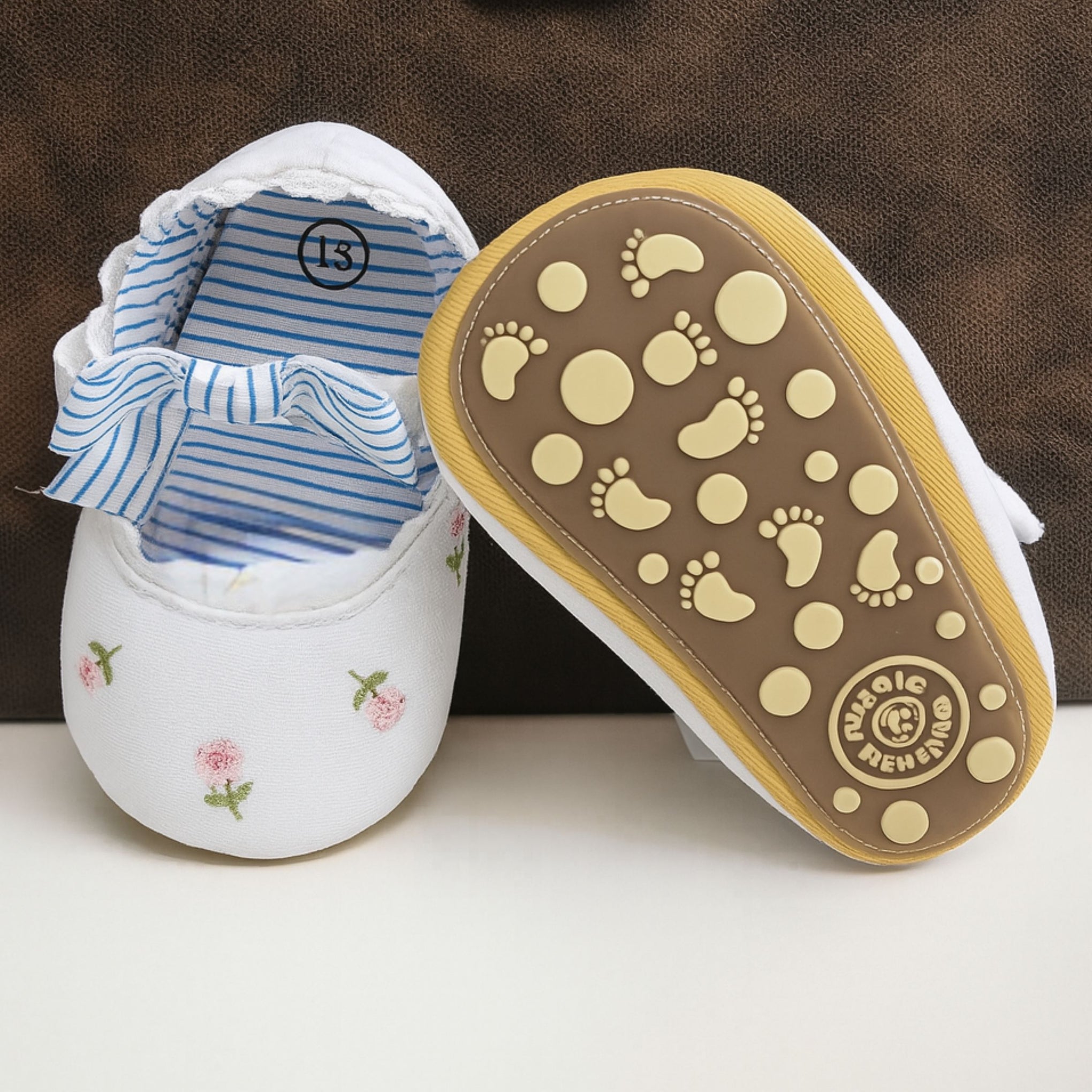 Smile Baby Soft Cotton Infant Shoes – Pink & Blue Embroidered Floral Ballerina with Striped Bow | Baby Girl Shoes | 0–18 Months