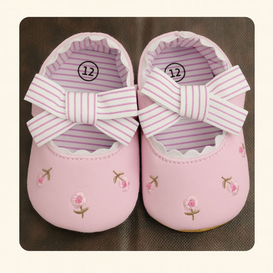 Smile Baby Soft Cotton Infant Shoes – Pink & Blue Embroidered Floral Ballerina with Striped Bow | Baby Girl Shoes | 0–18 Months