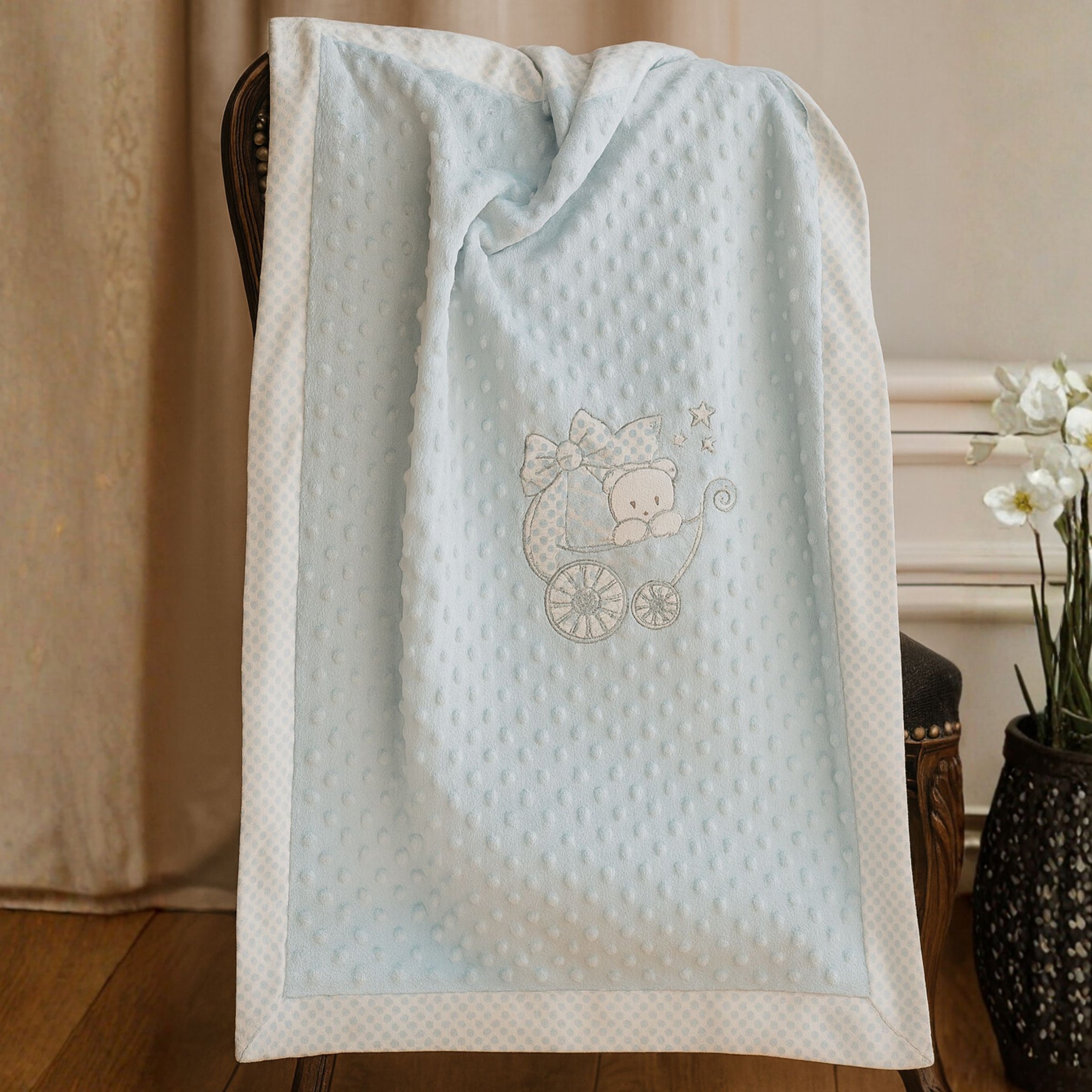 Sunnozy Baby Blanket 75x100 cm – Soft Minky Dotted Fleece with Embroidered Teddy & Bow Design | Cozy Newborn Blanket for Boys & Girls