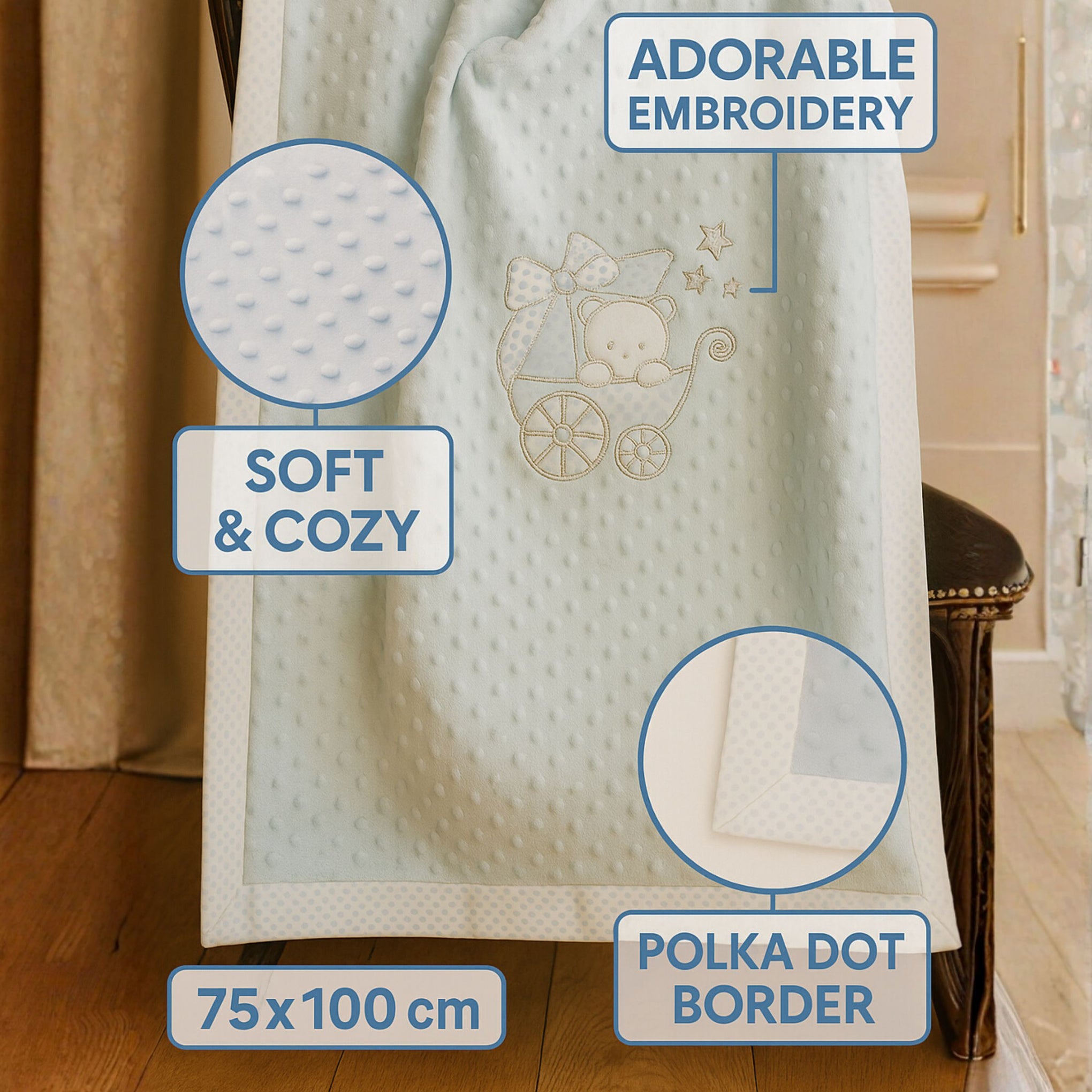 Sunnozy Baby Blanket 75x100 cm – Soft Minky Dotted Fleece with Embroidered Teddy & Bow Design | Cozy Newborn Blanket for Boys & Girls
