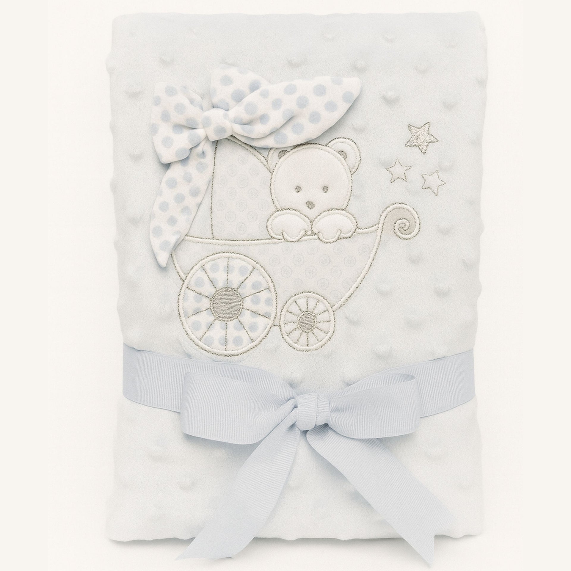 Sunnozy Baby Blanket 75x100 cm – Soft Minky Dotted Fleece with Embroidered Teddy & Bow Design | Cozy Newborn Blanket for Boys & Girls