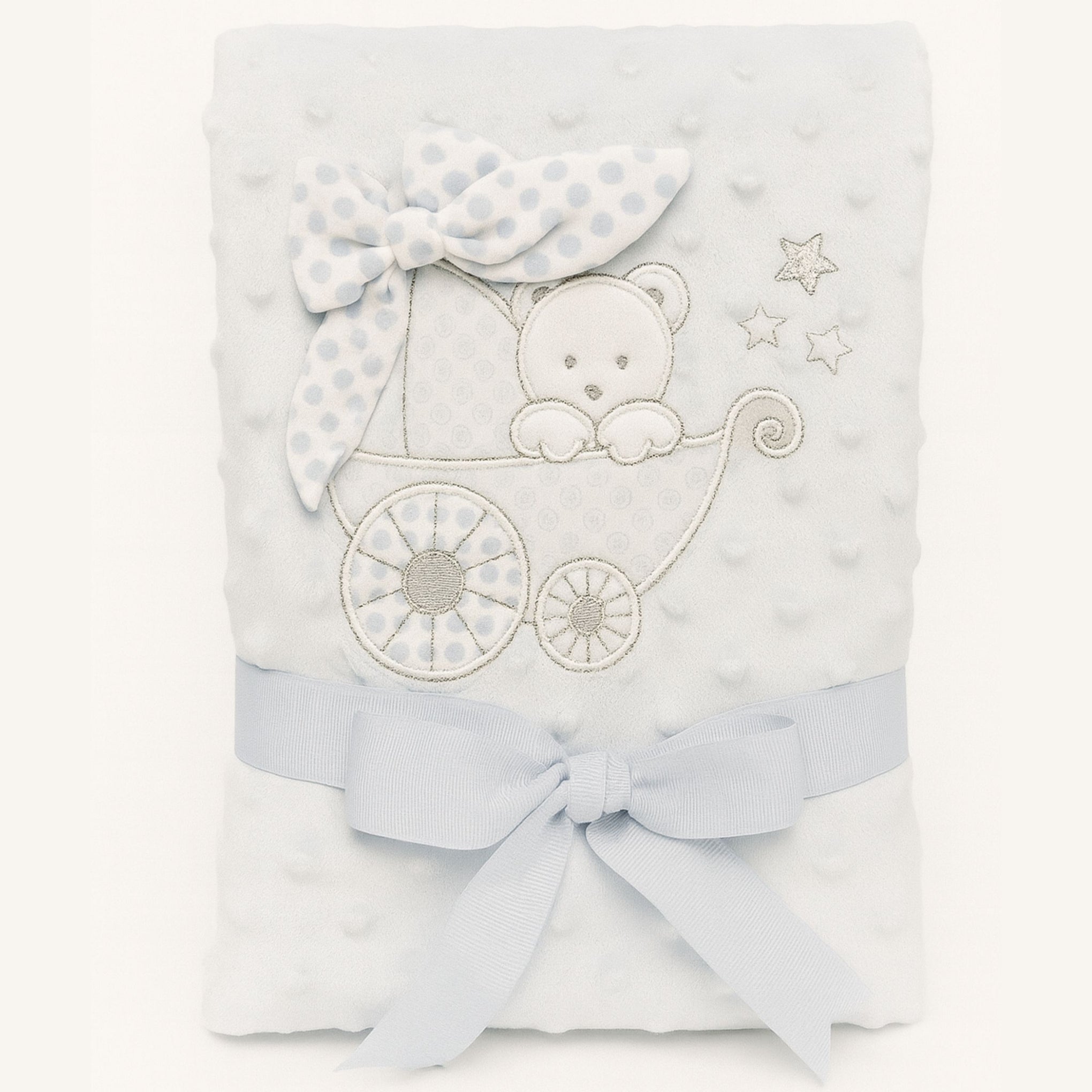 Sunnozy Baby Blanket 75x100 cm – Soft Minky Dotted Fleece with Embroidered Teddy & Bow Design | Cozy Newborn Blanket for Boys & Girls