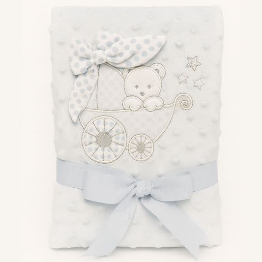 Sunnozy Baby Blanket 75x100 cm – Soft Minky Dotted Fleece with Embroidered Teddy & Bow Design | Cozy Newborn Blanket for Boys & Girls