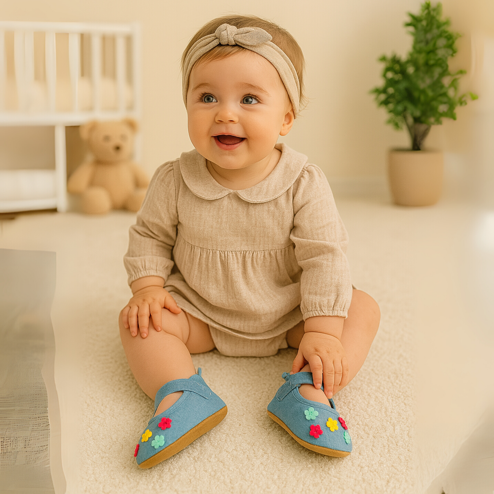 Smile Baby Girls' Blue Denim Booties with Anti-Slip Sole – Soft Pre-Walker Shoes with Colorful Flower Design (0–18 Months)