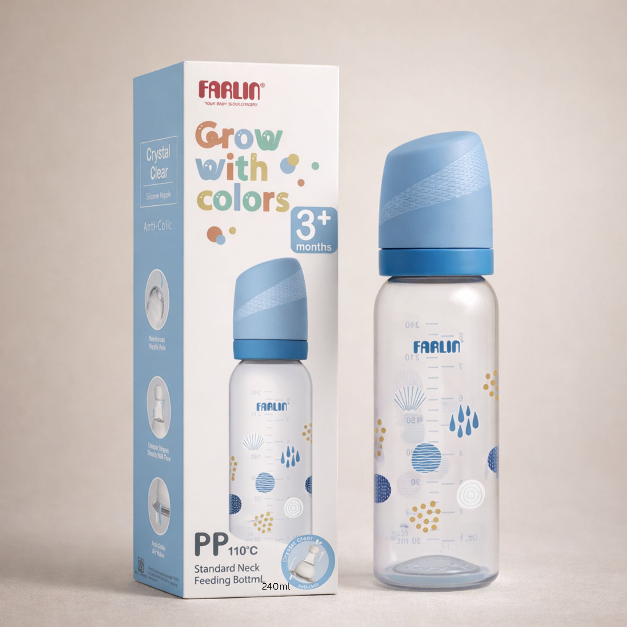 Farlin PP Standard Neck Feeding Bottle (Pink & Blue) | BPA-Free, Anti-Colic | Crystal Clear Silicone Nipple | 0+ / 3+ Months (140ml / 240ml)