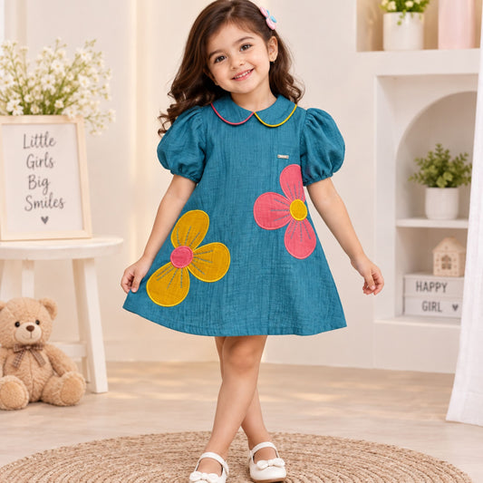 Just Tots baby girls blue floral embroidered frock with puff sleeves and Peter Pan collar