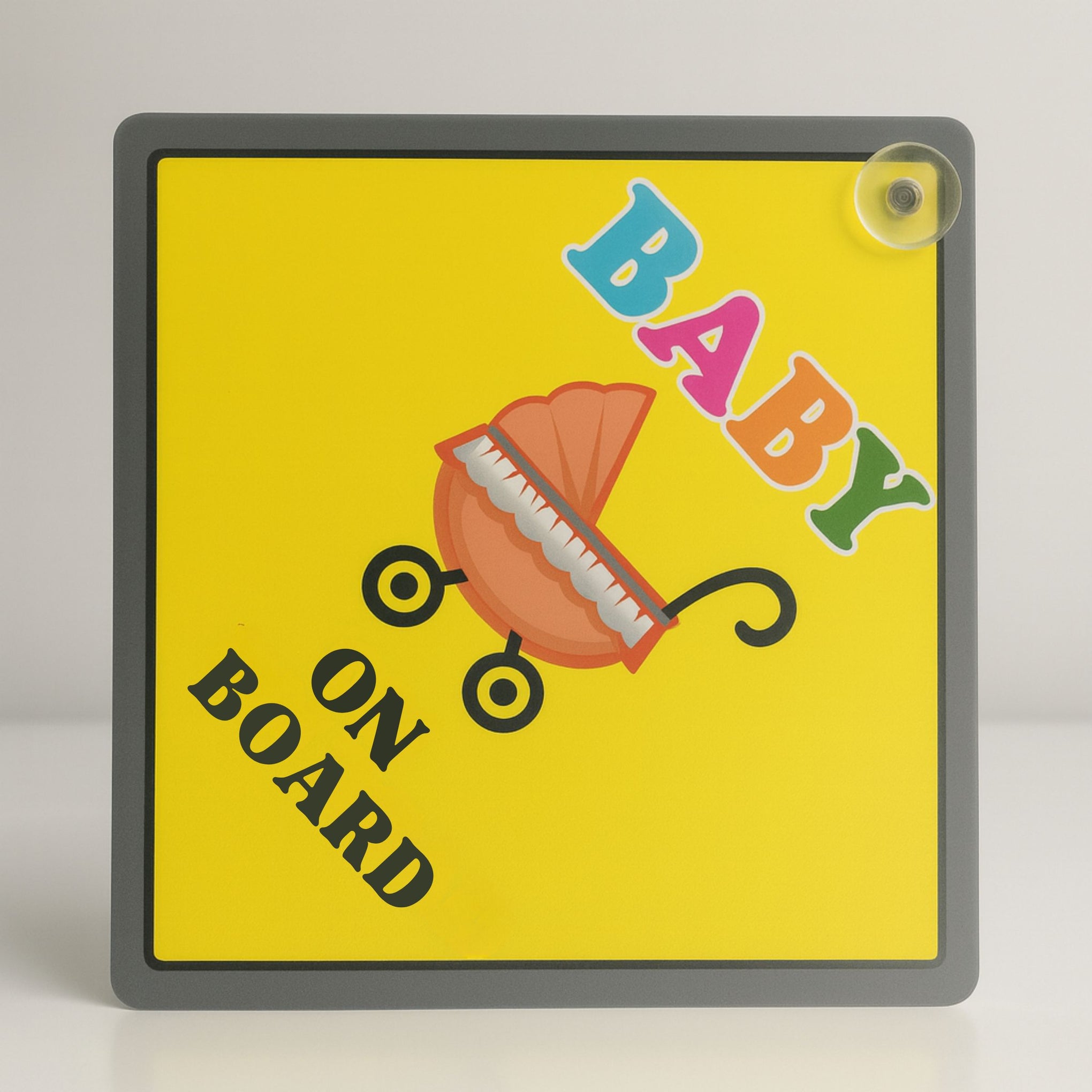 Baby/Child On Board Car Sign – Bright Yellow Safety Sign with Cute Stroller Design & Suction Cup