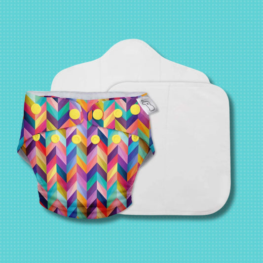 SuperBottoms Swimming Diapers for Babies & Toddlers - Reusable & Adjustable Swim Diapers - Washable Cloth Diapers - Skin Friendly Fabric - Easy to Clean - Fits 3M - 3Y ( pop colorful geometric work )