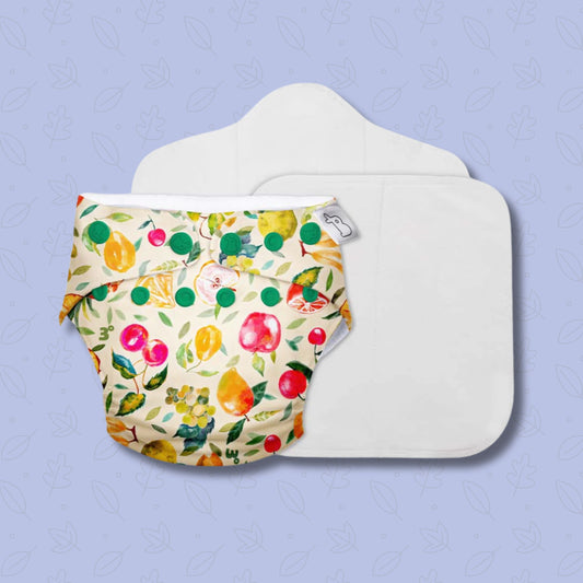 SUPER BOTTOMS Fruit Burst printed  Free size UNO Cloth Diaper |  | 1 skin-friendly UNO Cloth Diaper (1 Waterproof Outer) | 1 Dry Feel Magic Pad | 1 Booster Pad | 1 reusable easy clean top sheet