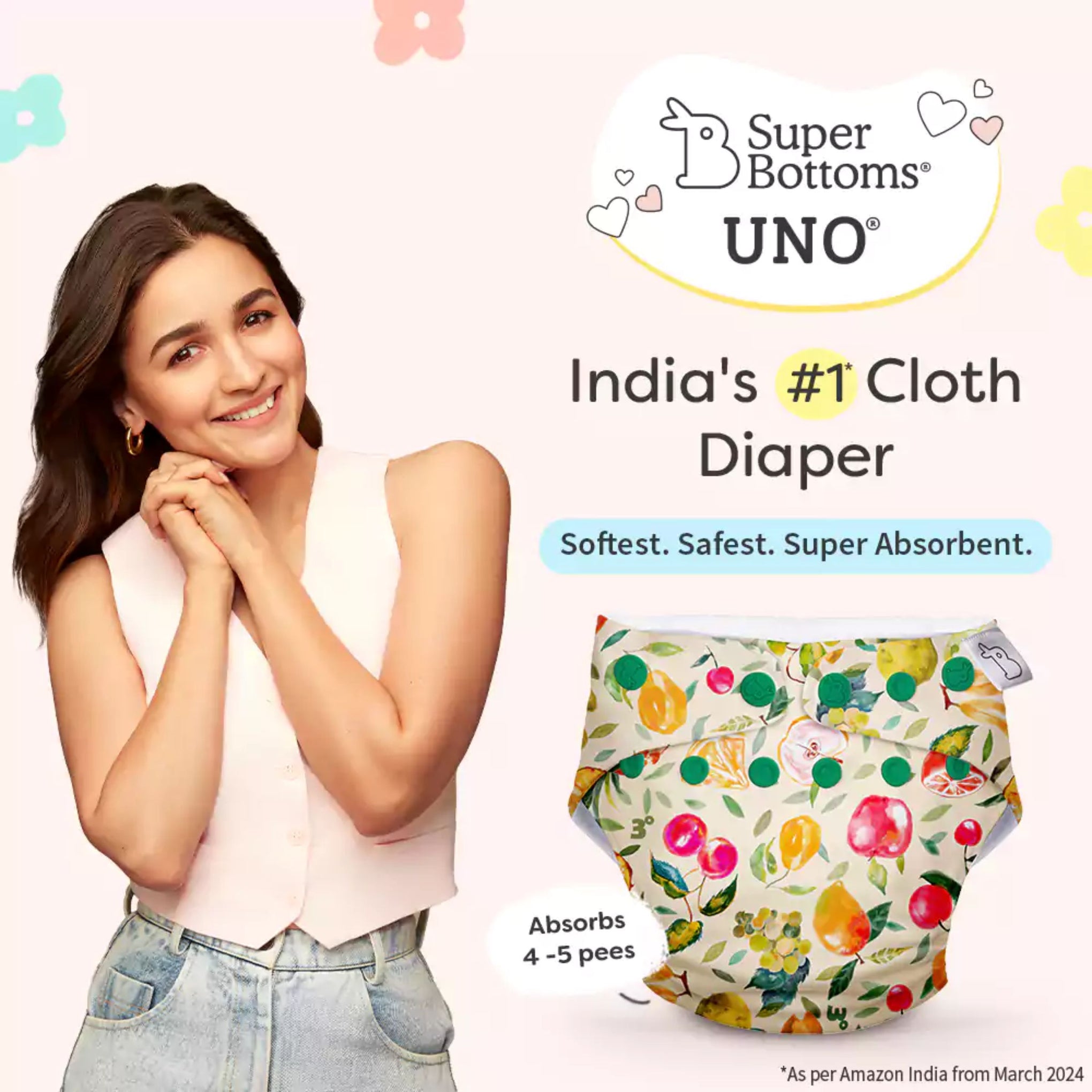 SUPER BOTTOMS Fruit Burst printed  Free size UNO Cloth Diaper |  | 1 skin-friendly UNO Cloth Diaper (1 Waterproof Outer) | 1 Dry Feel Magic Pad | 1 Booster Pad | 1 reusable easy clean top sheet