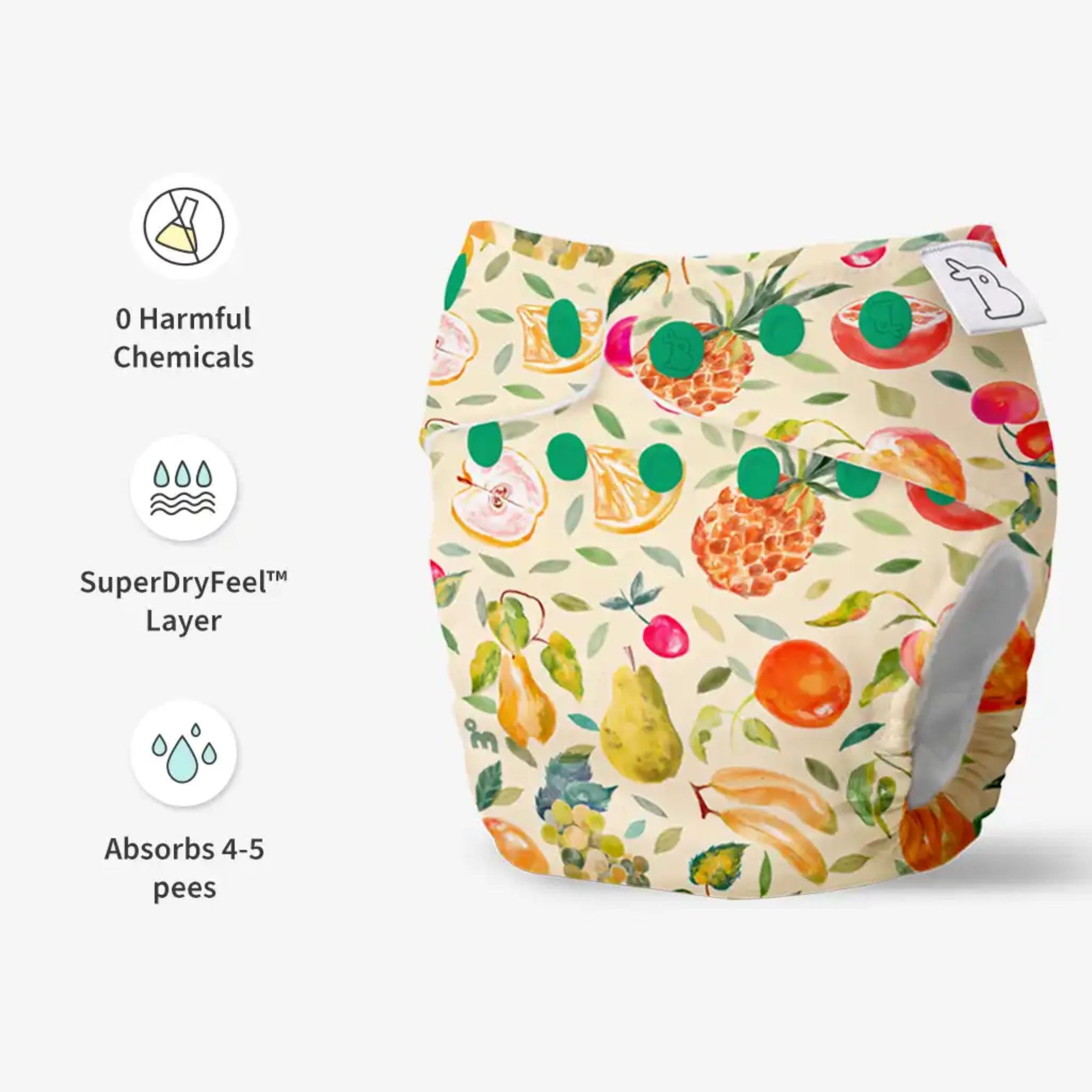SUPER BOTTOMS Fruit Burst printed  Free size UNO Cloth Diaper |  | 1 skin-friendly UNO Cloth Diaper (1 Waterproof Outer) | 1 Dry Feel Magic Pad | 1 Booster Pad | 1 reusable easy clean top sheet