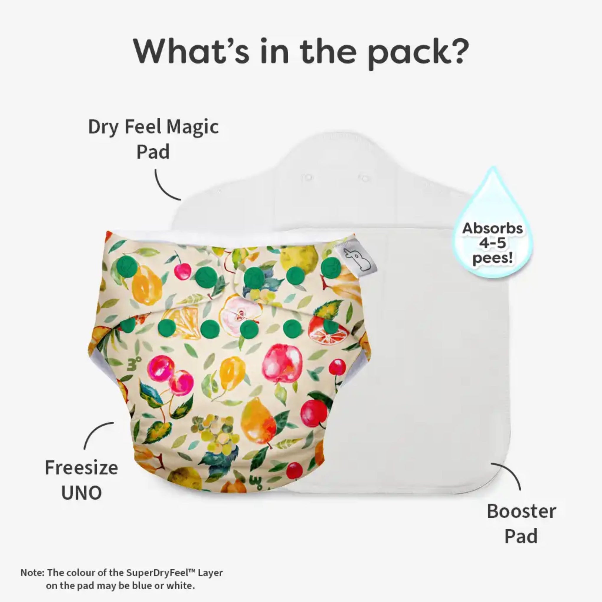 SUPER BOTTOMS Fruit Burst printed  Free size UNO Cloth Diaper |  | 1 skin-friendly UNO Cloth Diaper (1 Waterproof Outer) | 1 Dry Feel Magic Pad | 1 Booster Pad | 1 reusable easy clean top sheet