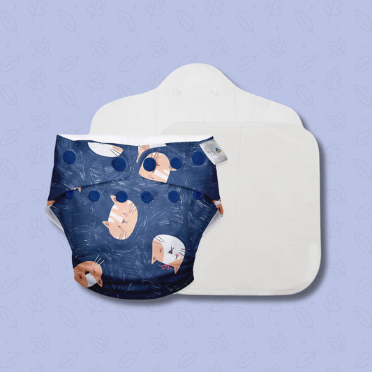 SUPER BOTTOMS Good Cat-titude Free size UNO Cloth Diaper |  | 1 skin-friendly UNO Cloth Diaper (1 Waterproof Outer) | 1 Dry Feel Magic Pad | 1 Booster Pad | 1 reusable easy clean top sheet