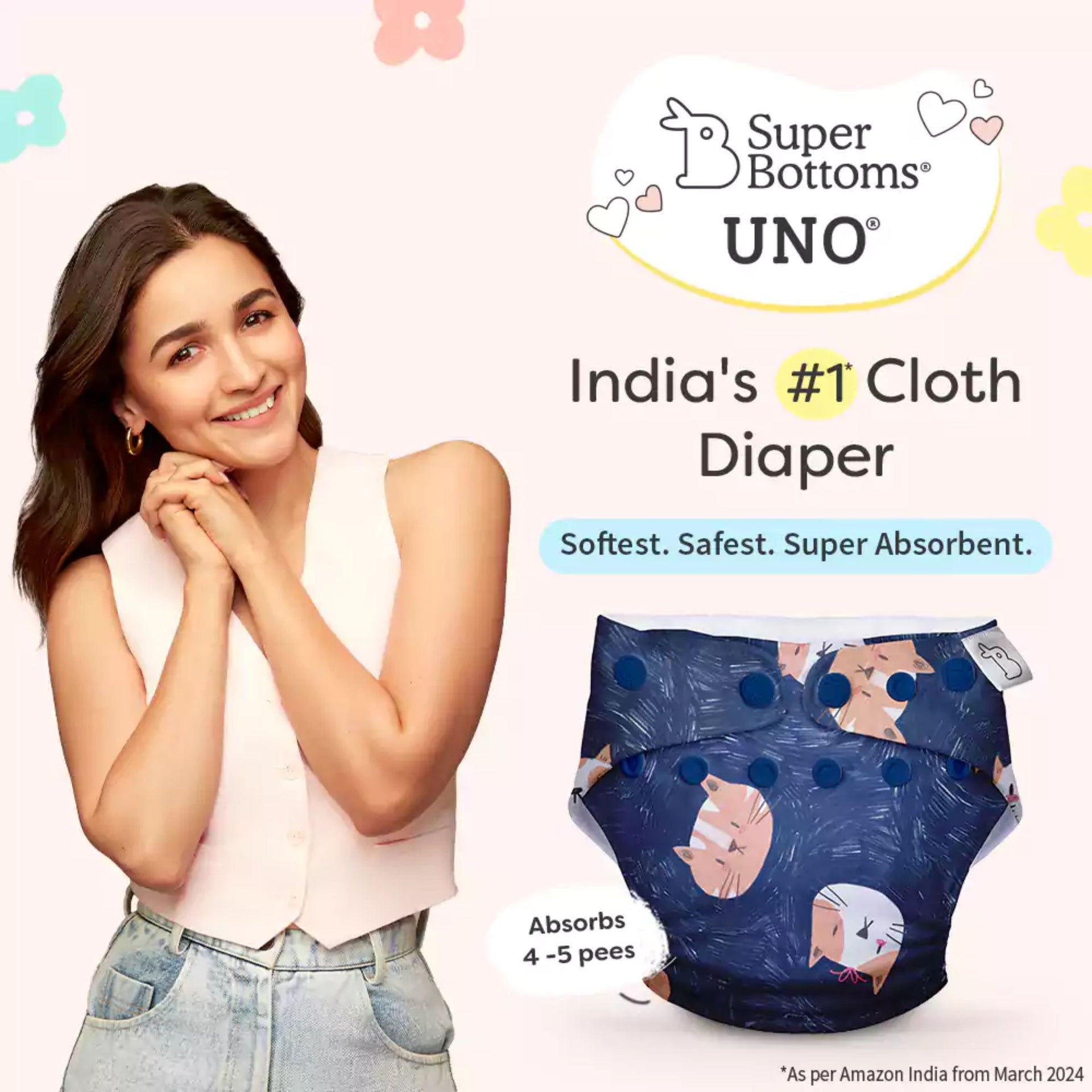 SUPER BOTTOMS Good Cat-titude Free size UNO Cloth Diaper |  | 1 skin-friendly UNO Cloth Diaper (1 Waterproof Outer) | 1 Dry Feel Magic Pad | 1 Booster Pad | 1 reusable easy clean top sheet