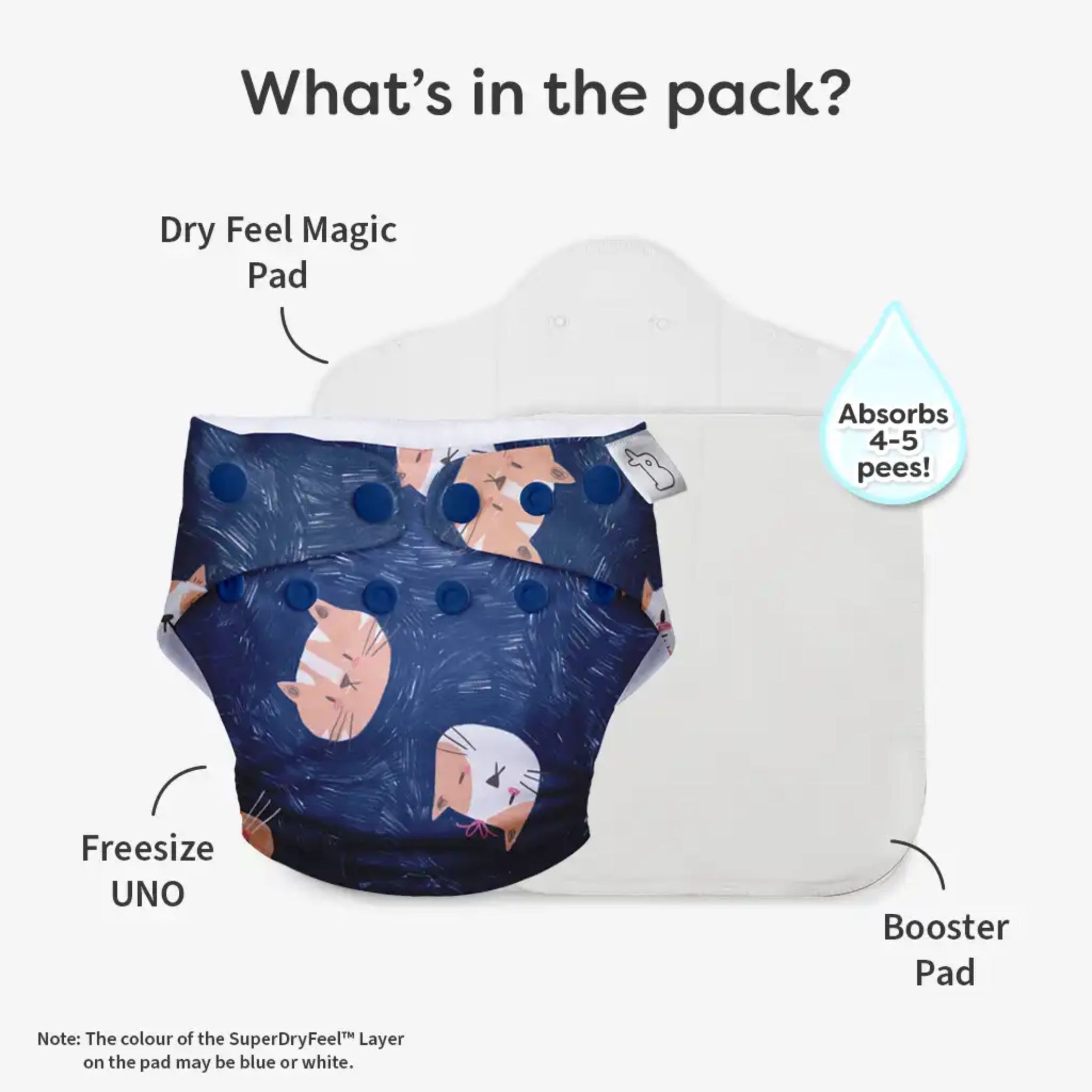 SUPER BOTTOMS Good Cat-titude Free size UNO Cloth Diaper |  | 1 skin-friendly UNO Cloth Diaper (1 Waterproof Outer) | 1 Dry Feel Magic Pad | 1 Booster Pad | 1 reusable easy clean top sheet