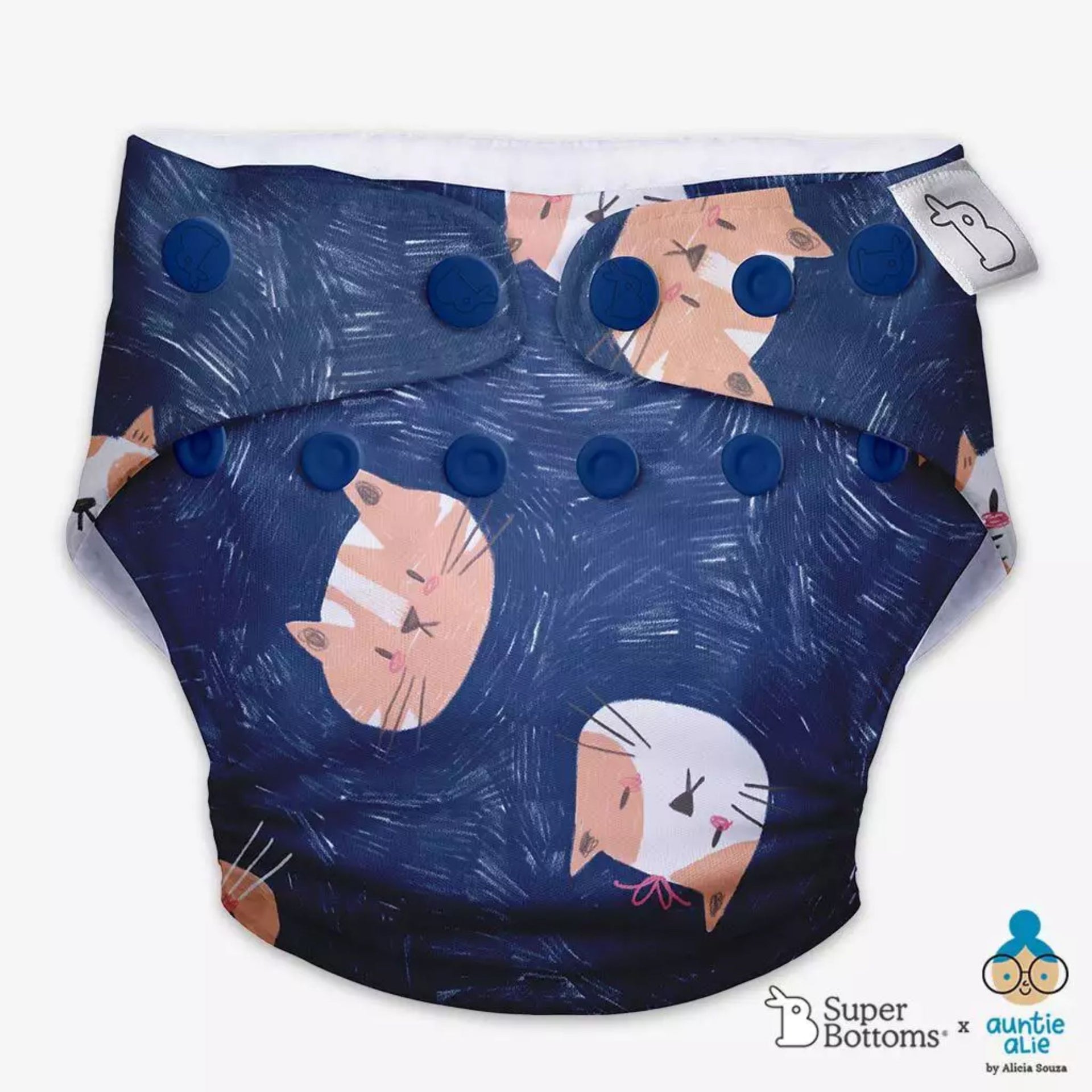 SUPER BOTTOMS Good Cat-titude Free size UNO Cloth Diaper |  | 1 skin-friendly UNO Cloth Diaper (1 Waterproof Outer) | 1 Dry Feel Magic Pad | 1 Booster Pad | 1 reusable easy clean top sheet