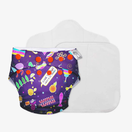 SUPER BOTTOMS Festoon Freesize UNO Cloth Diaper in purple color fully printed |  1 skin-friendly UNO Cloth Diaper (1 Waterproof Outer) | 1 Dry Feel Magic Pad | 1 Booster Pad | 1 reusable easy clean top sheet