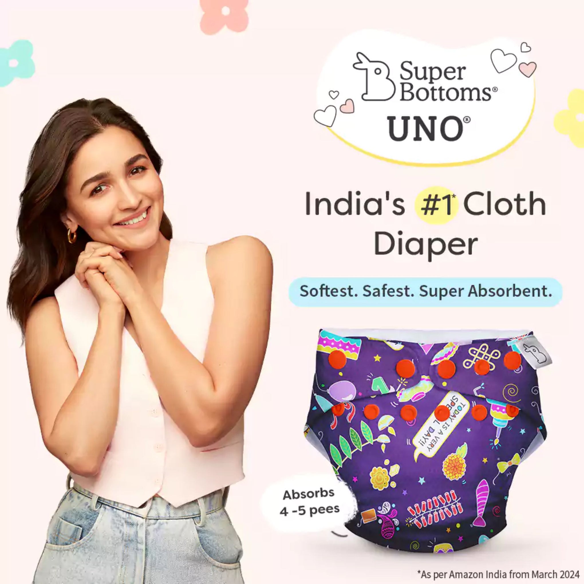 SUPER BOTTOMS Festoon Freesize UNO Cloth Diaper in purple color fully printed |  1 skin-friendly UNO Cloth Diaper (1 Waterproof Outer) | 1 Dry Feel Magic Pad | 1 Booster Pad | 1 reusable easy clean top sheet