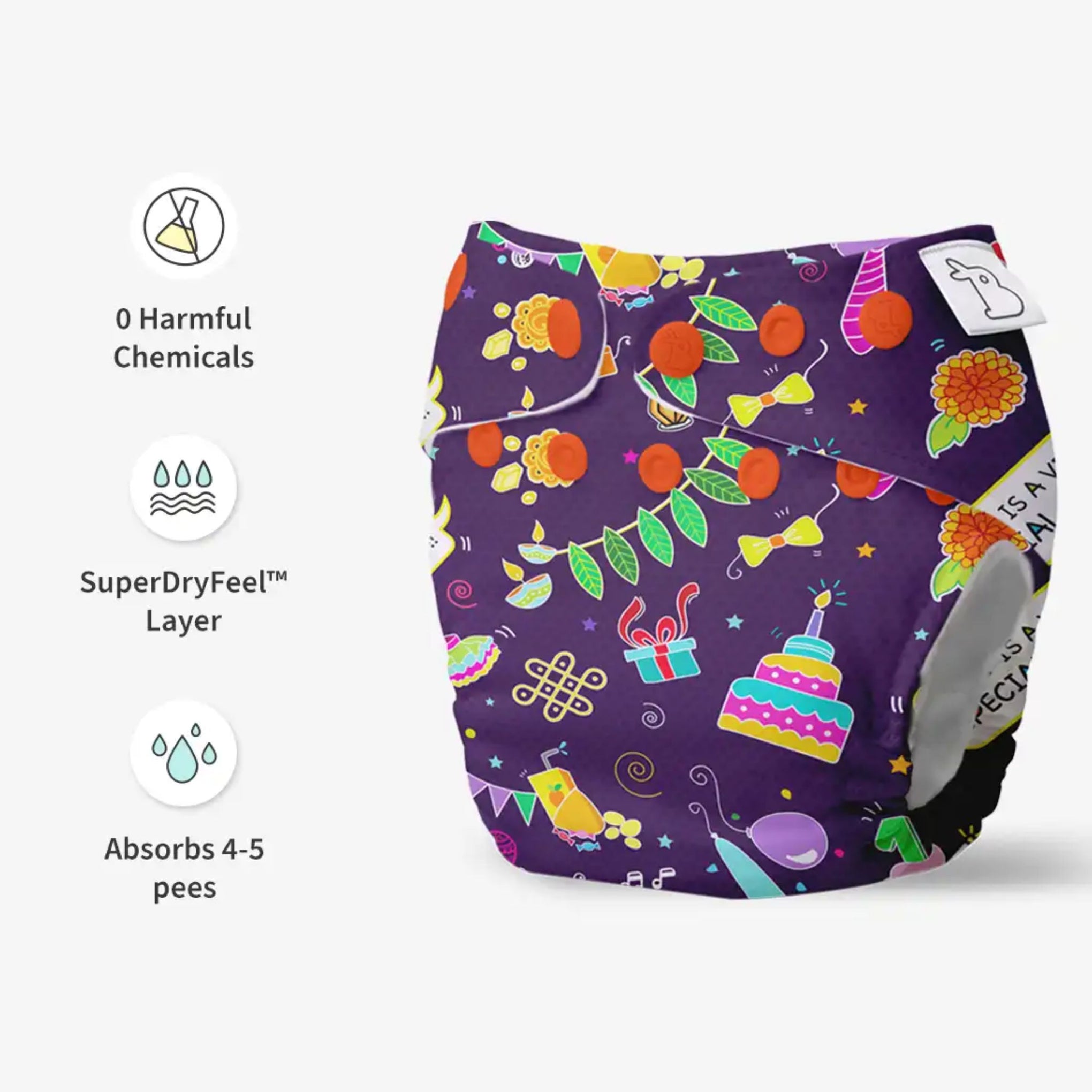 SUPER BOTTOMS Festoon Freesize UNO Cloth Diaper in purple color fully printed |  1 skin-friendly UNO Cloth Diaper (1 Waterproof Outer) | 1 Dry Feel Magic Pad | 1 Booster Pad | 1 reusable easy clean top sheet