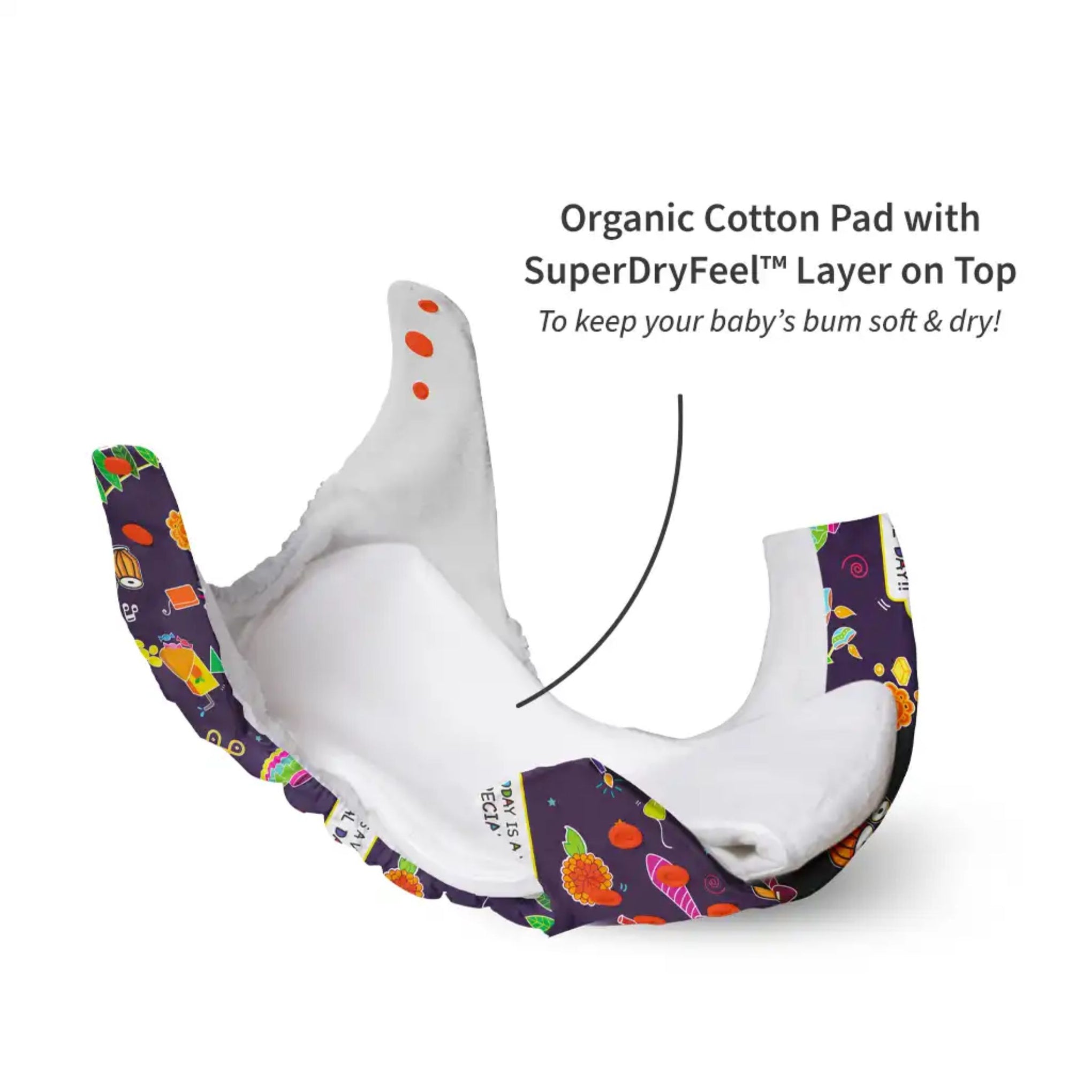 SUPER BOTTOMS Festoon Freesize UNO Cloth Diaper in purple color fully printed |  1 skin-friendly UNO Cloth Diaper (1 Waterproof Outer) | 1 Dry Feel Magic Pad | 1 Booster Pad | 1 reusable easy clean top sheet