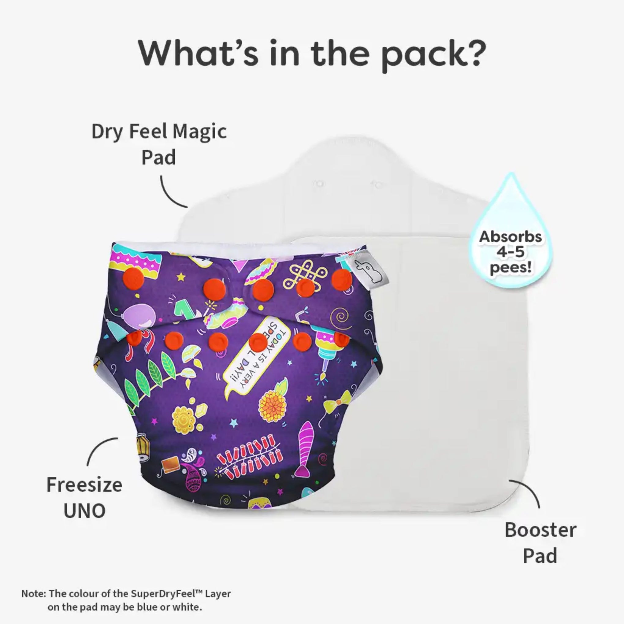 SUPER BOTTOMS Festoon Freesize UNO Cloth Diaper in purple color fully printed |  1 skin-friendly UNO Cloth Diaper (1 Waterproof Outer) | 1 Dry Feel Magic Pad | 1 Booster Pad | 1 reusable easy clean top sheet