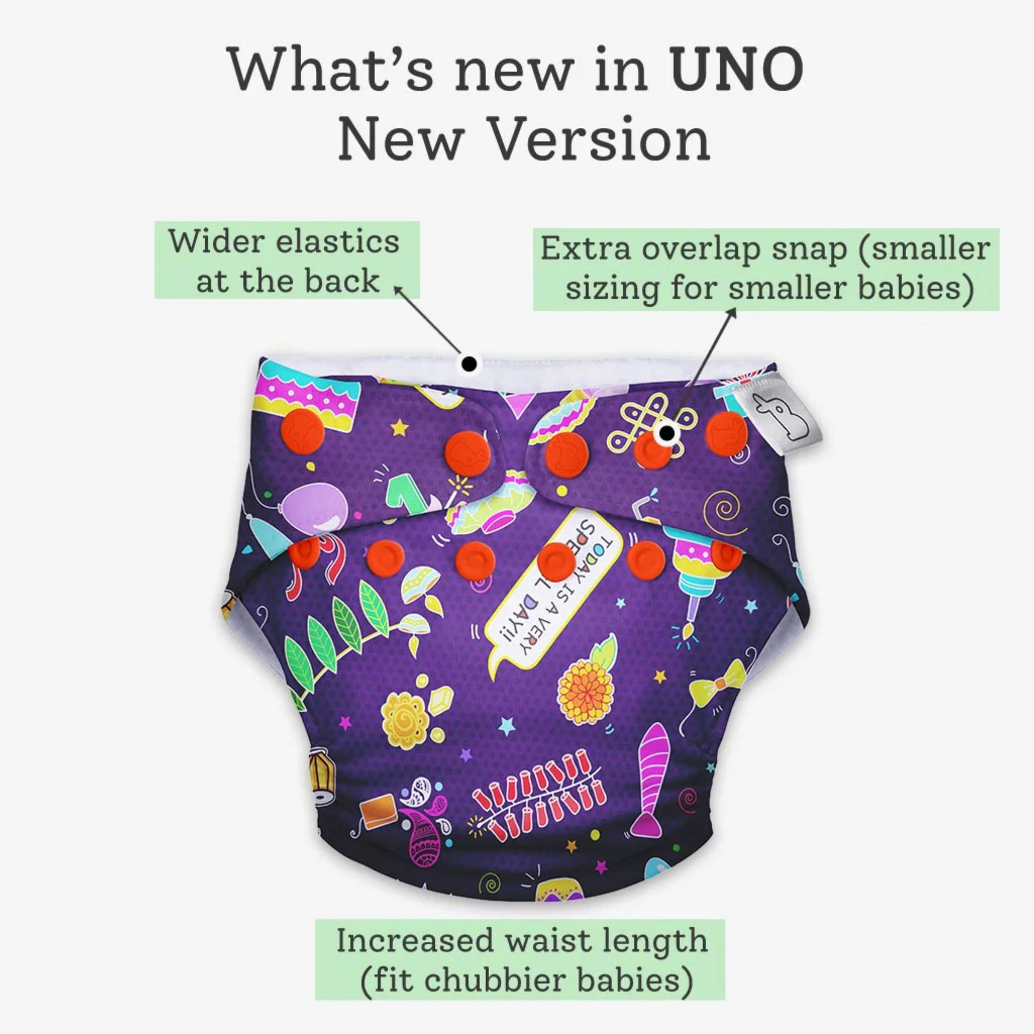 SUPER BOTTOMS Festoon Freesize UNO Cloth Diaper in purple color fully printed |  1 skin-friendly UNO Cloth Diaper (1 Waterproof Outer) | 1 Dry Feel Magic Pad | 1 Booster Pad | 1 reusable easy clean top sheet