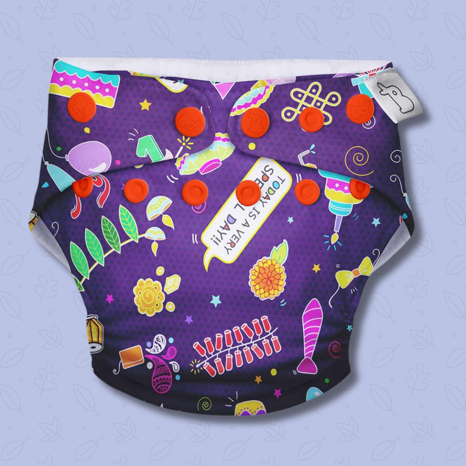 SUPER BOTTOMS Festoon Freesize UNO Cloth Diaper in purple color fully printed |  1 skin-friendly UNO Cloth Diaper (1 Waterproof Outer) | 1 Dry Feel Magic Pad | 1 Booster Pad | 1 reusable easy clean top sheet