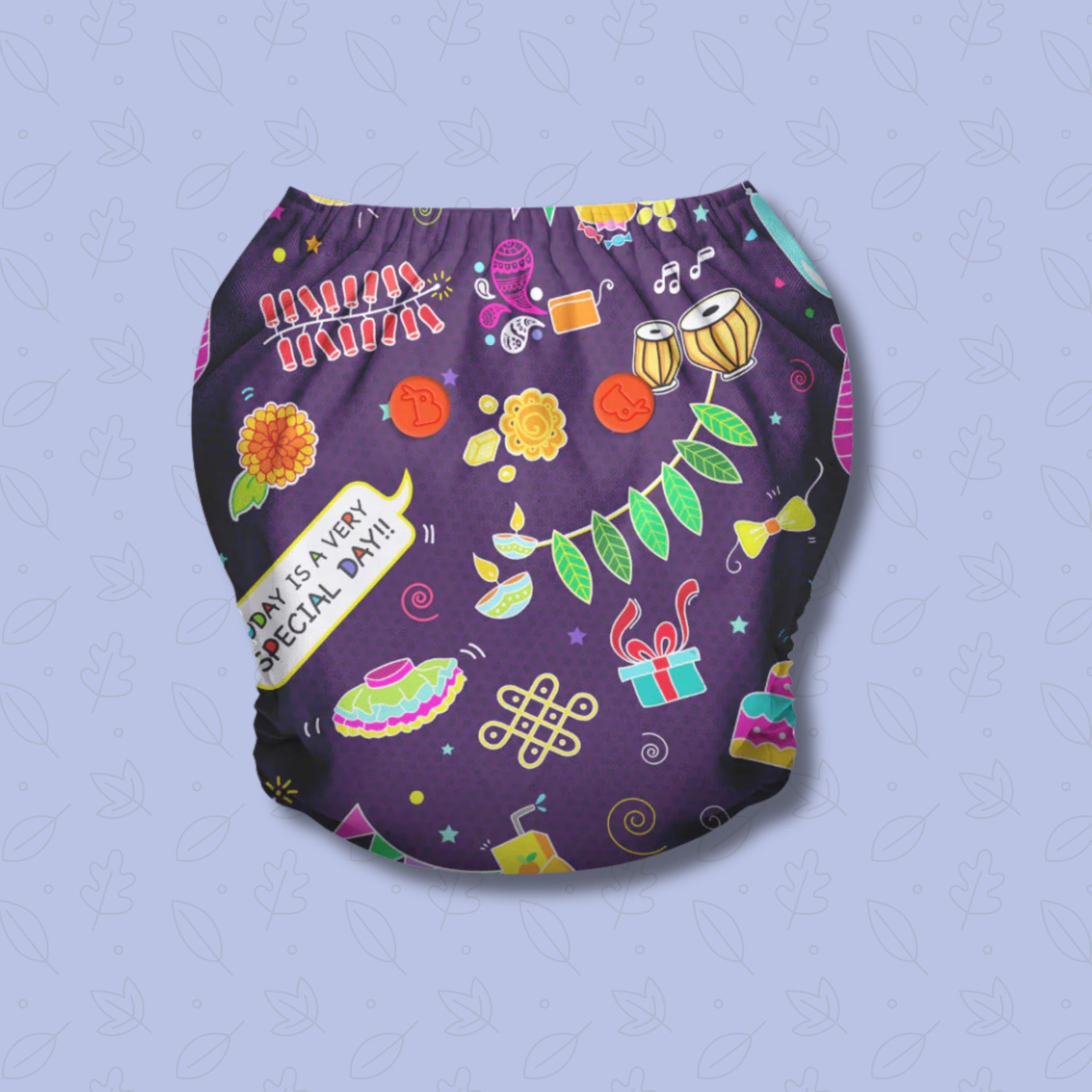 SUPER BOTTOMS Festoon Freesize UNO Cloth Diaper in purple color fully printed |  1 skin-friendly UNO Cloth Diaper (1 Waterproof Outer) | 1 Dry Feel Magic Pad | 1 Booster Pad | 1 reusable easy clean top sheet