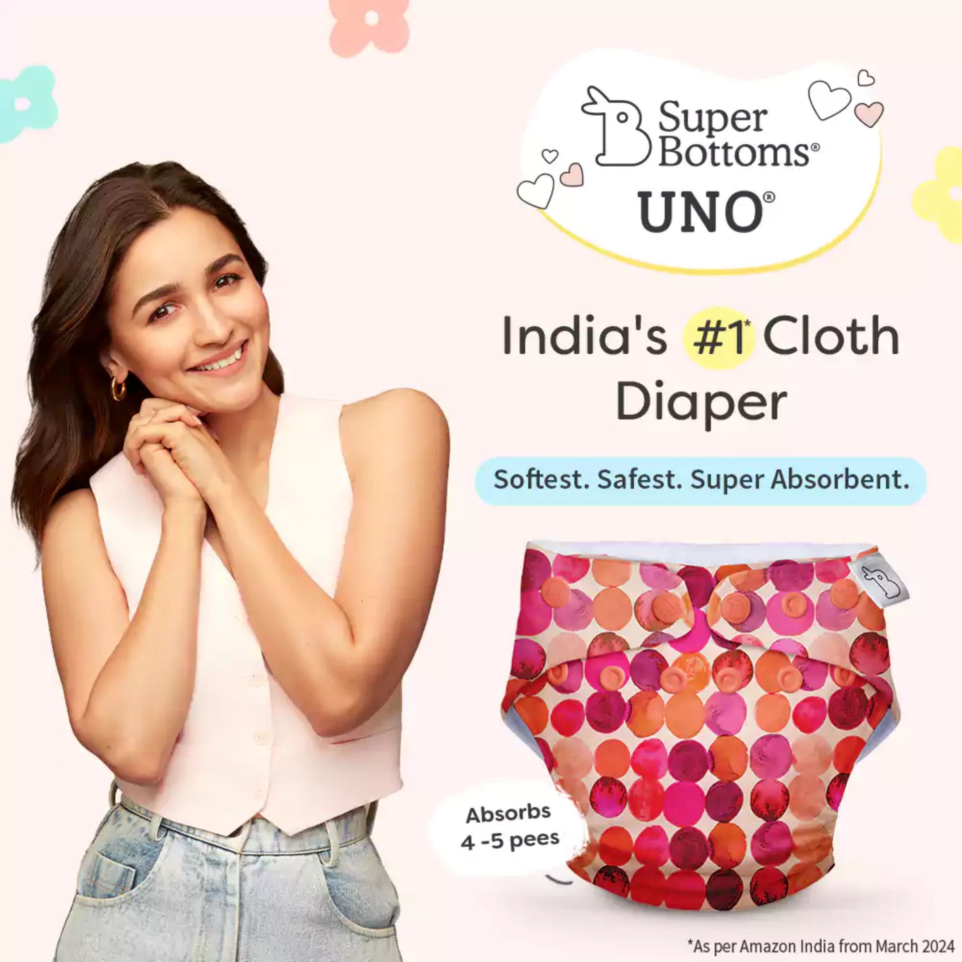 SUPER BOTTOMS Li'l Crush Freesize UNO Cloth Diaper in red color  | 1 skin-friendly UNO Cloth Diaper (1 Waterproof Outer) | 1 Dry Feel Magic Pad | 1 Booster Pad | 1 reusable easy clean top sheet