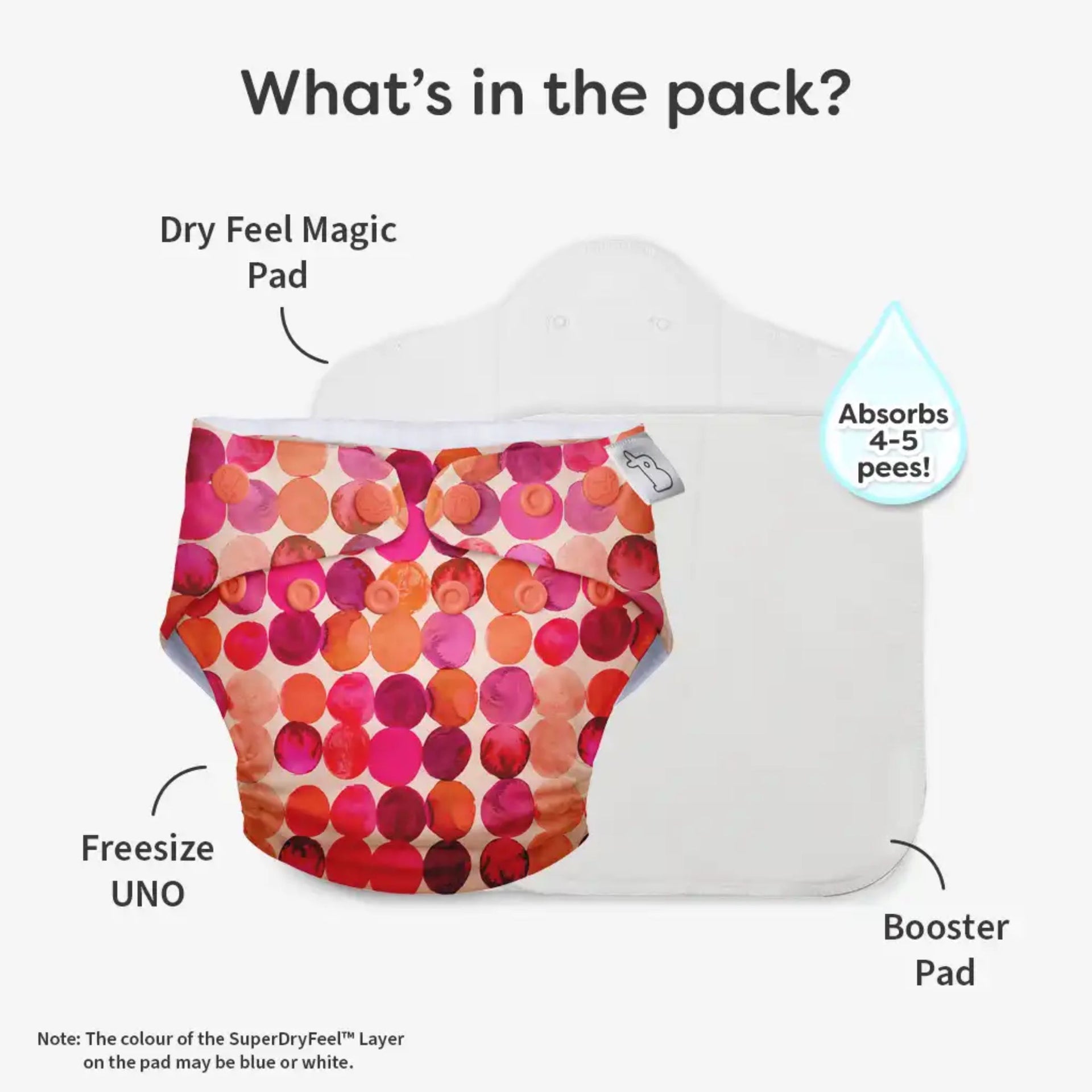 SUPER BOTTOMS Li'l Crush Freesize UNO Cloth Diaper in red color  | 1 skin-friendly UNO Cloth Diaper (1 Waterproof Outer) | 1 Dry Feel Magic Pad | 1 Booster Pad | 1 reusable easy clean top sheet