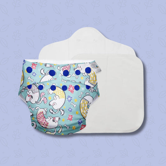 SUPER BOTTOMS Paw-sitively Happy Freesize UNO Cloth Diaper in sky blue color  |  1 skin-friendly UNO Cloth Diaper (1 Waterproof Outer) | 1 Dry Feel Magic Pad | 1 Booster Pad | 1 reusable easy clean top sheet