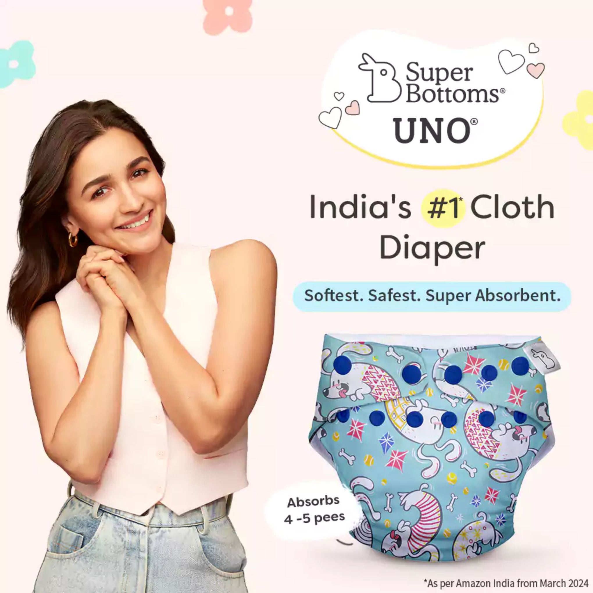 SUPER BOTTOMS Paw-sitively Happy Freesize UNO Cloth Diaper in sky blue color  |  1 skin-friendly UNO Cloth Diaper (1 Waterproof Outer) | 1 Dry Feel Magic Pad | 1 Booster Pad | 1 reusable easy clean top sheet
