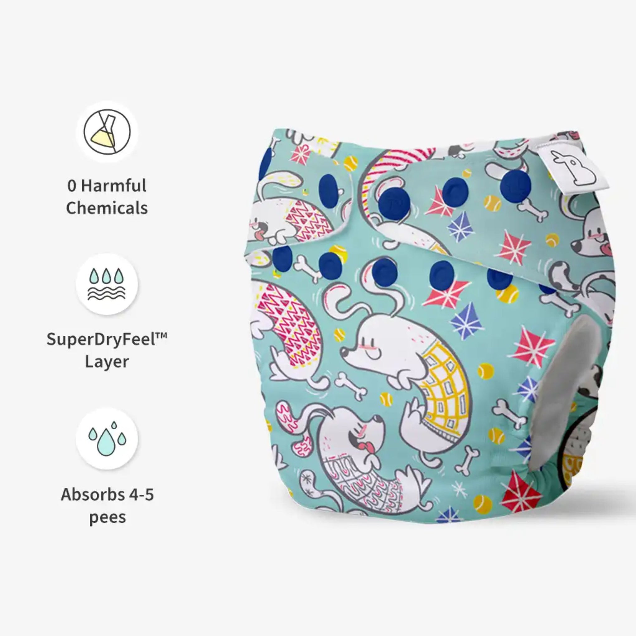SUPER BOTTOMS Paw-sitively Happy Freesize UNO Cloth Diaper in sky blue color  |  1 skin-friendly UNO Cloth Diaper (1 Waterproof Outer) | 1 Dry Feel Magic Pad | 1 Booster Pad | 1 reusable easy clean top sheet