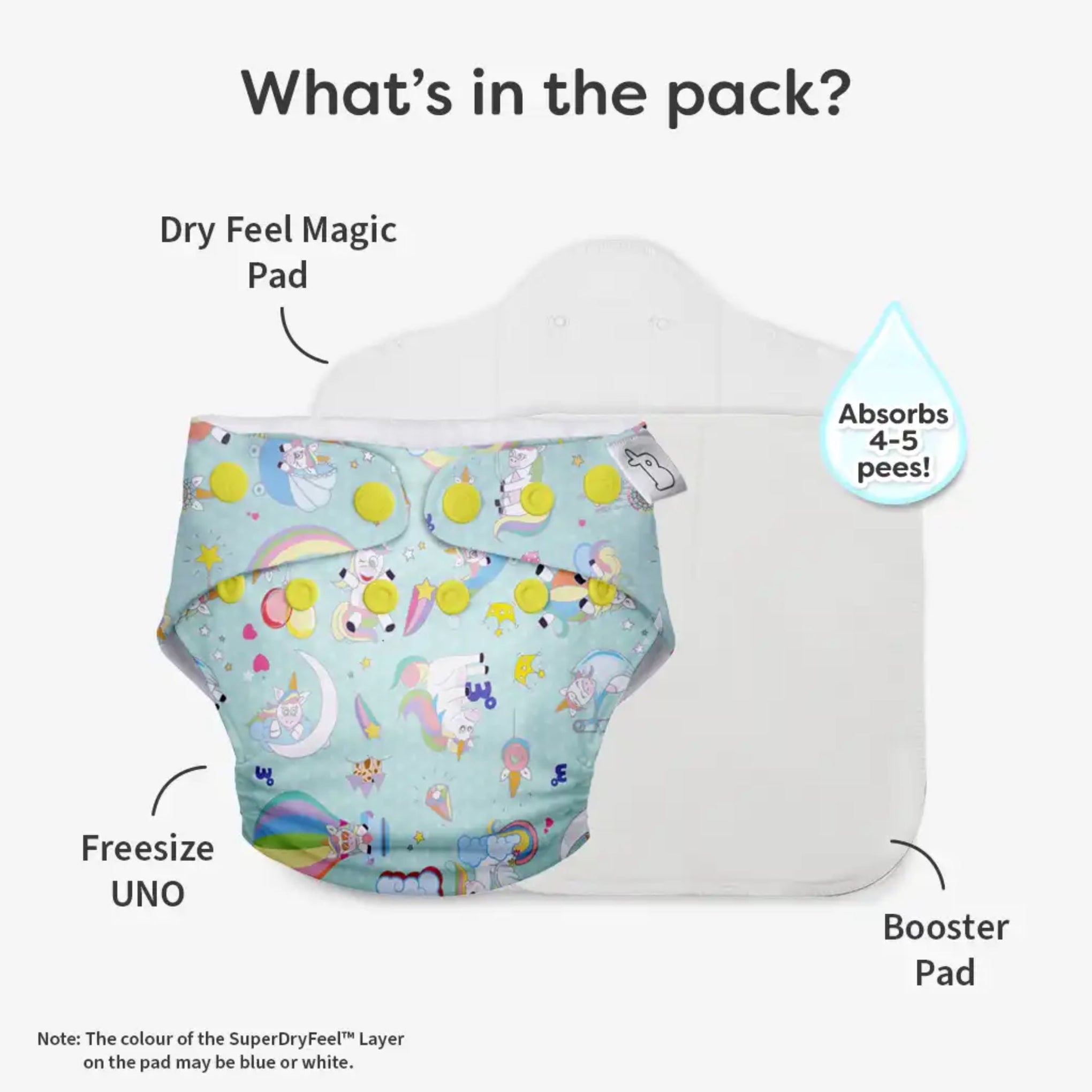 SUPER BOTTOMS Paw-sitively Happy Freesize UNO Cloth Diaper in sky blue color  |  1 skin-friendly UNO Cloth Diaper (1 Waterproof Outer) | 1 Dry Feel Magic Pad | 1 Booster Pad | 1 reusable easy clean top sheet