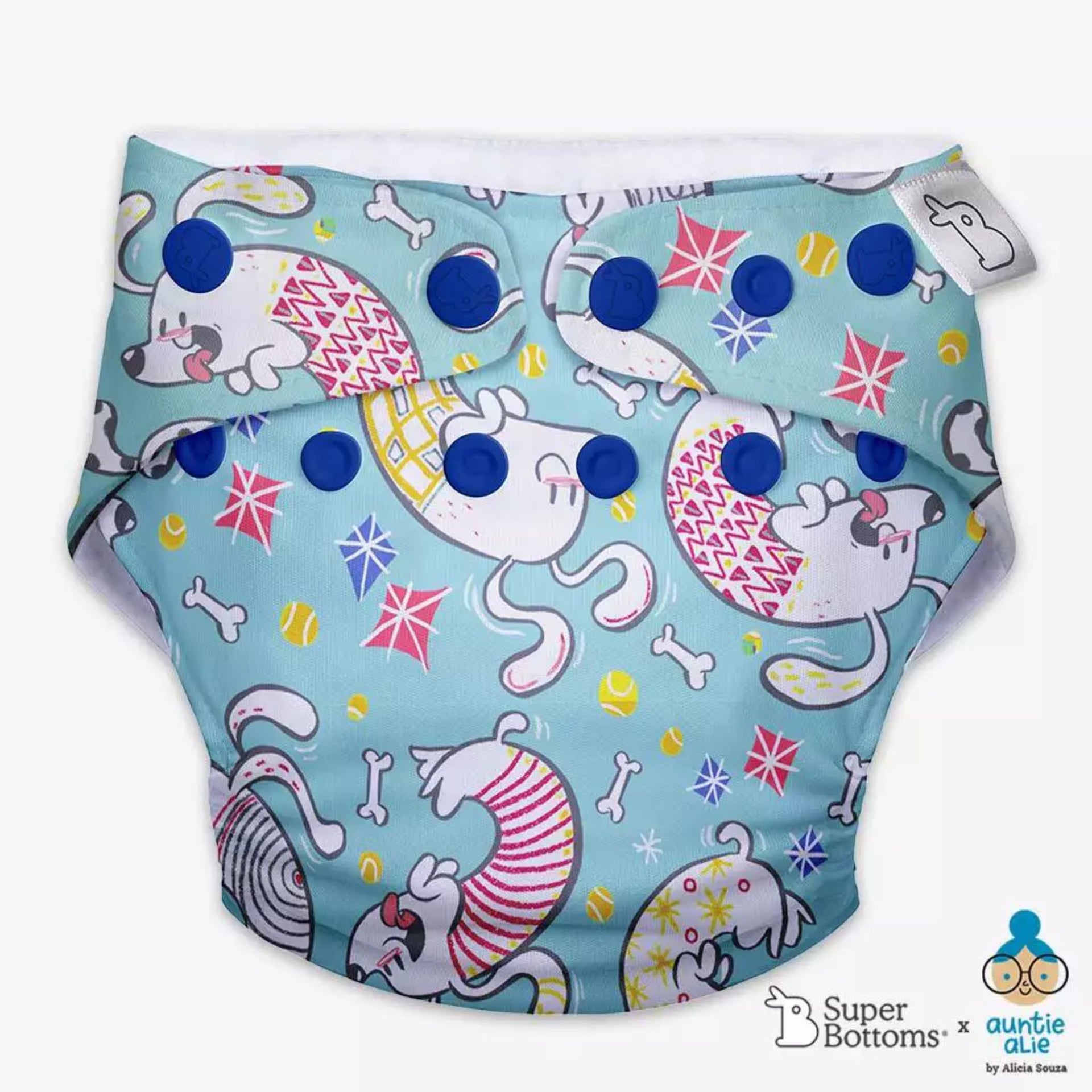 SUPER BOTTOMS Paw-sitively Happy Freesize UNO Cloth Diaper in sky blue color  |  1 skin-friendly UNO Cloth Diaper (1 Waterproof Outer) | 1 Dry Feel Magic Pad | 1 Booster Pad | 1 reusable easy clean top sheet