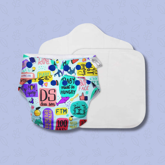 SUPER BOTTOMS Mommy Talk Free size UNO Cloth Diaper in white base  multicolor fully printed cloth diaper  | 1 skin-friendly UNO Cloth Diaper (1 Waterproof Outer) | 1 Dry Feel Magic Pad | 1 Booster Pad | 1 reusable easy clean top sheet