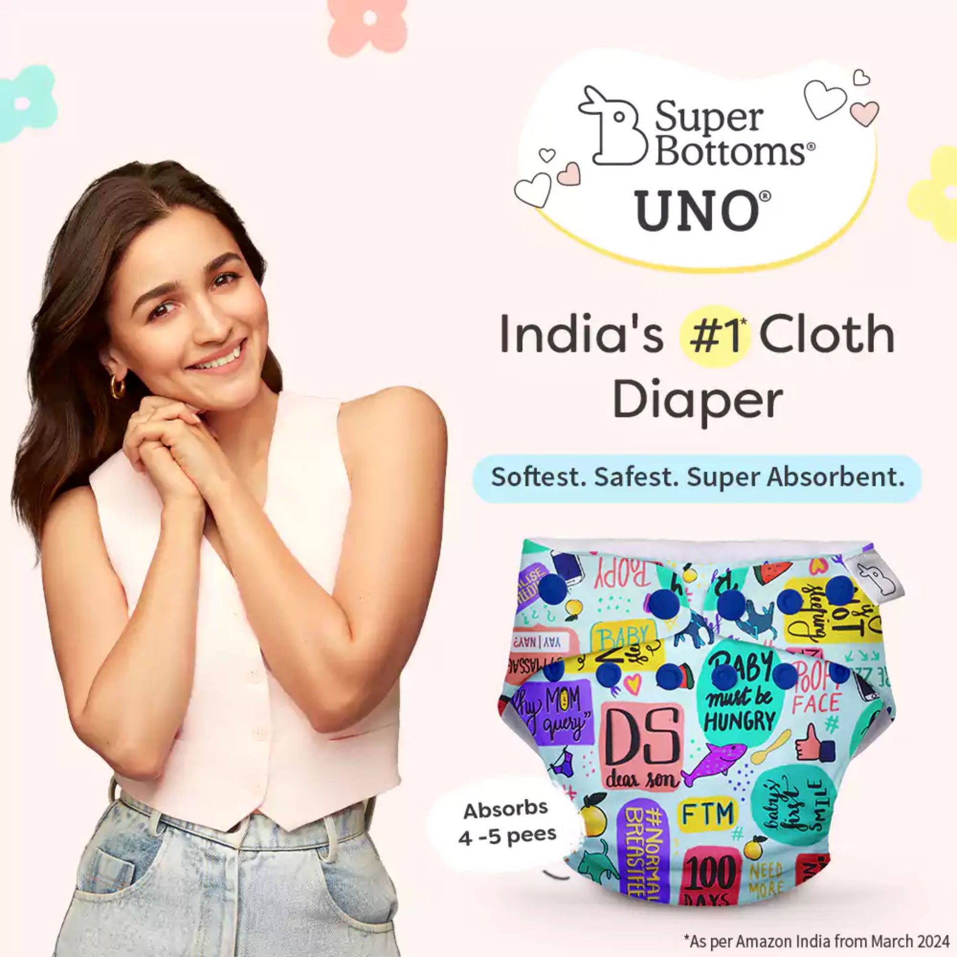 SUPER BOTTOMS Mommy Talk Free size UNO Cloth Diaper in white base  multicolor fully printed cloth diaper  | 1 skin-friendly UNO Cloth Diaper (1 Waterproof Outer) | 1 Dry Feel Magic Pad | 1 Booster Pad | 1 reusable easy clean top sheet