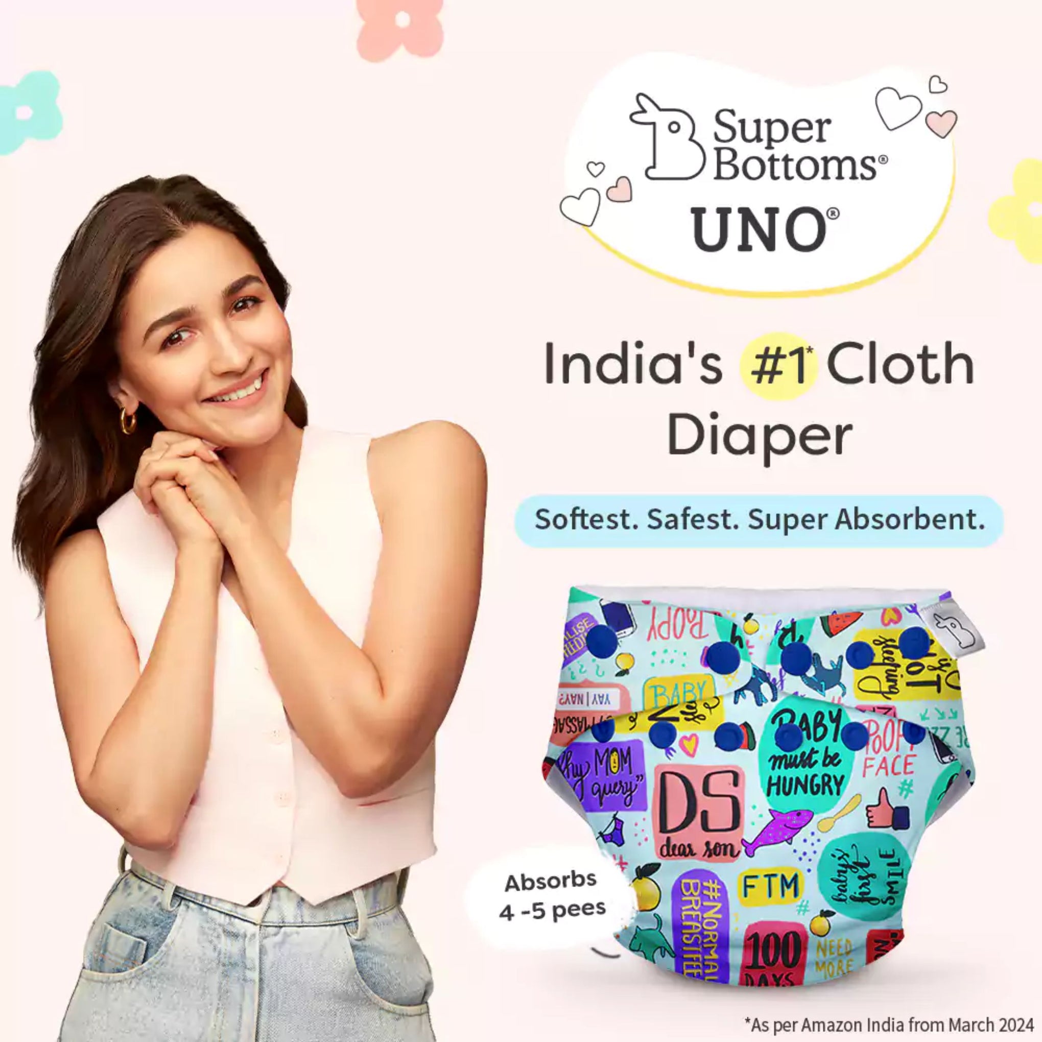 SUPER BOTTOMS Mommy Talk Free size UNO Cloth Diaper in white base  multicolor fully printed cloth diaper  | 1 skin-friendly UNO Cloth Diaper (1 Waterproof Outer) | 1 Dry Feel Magic Pad | 1 Booster Pad | 1 reusable easy clean top sheet