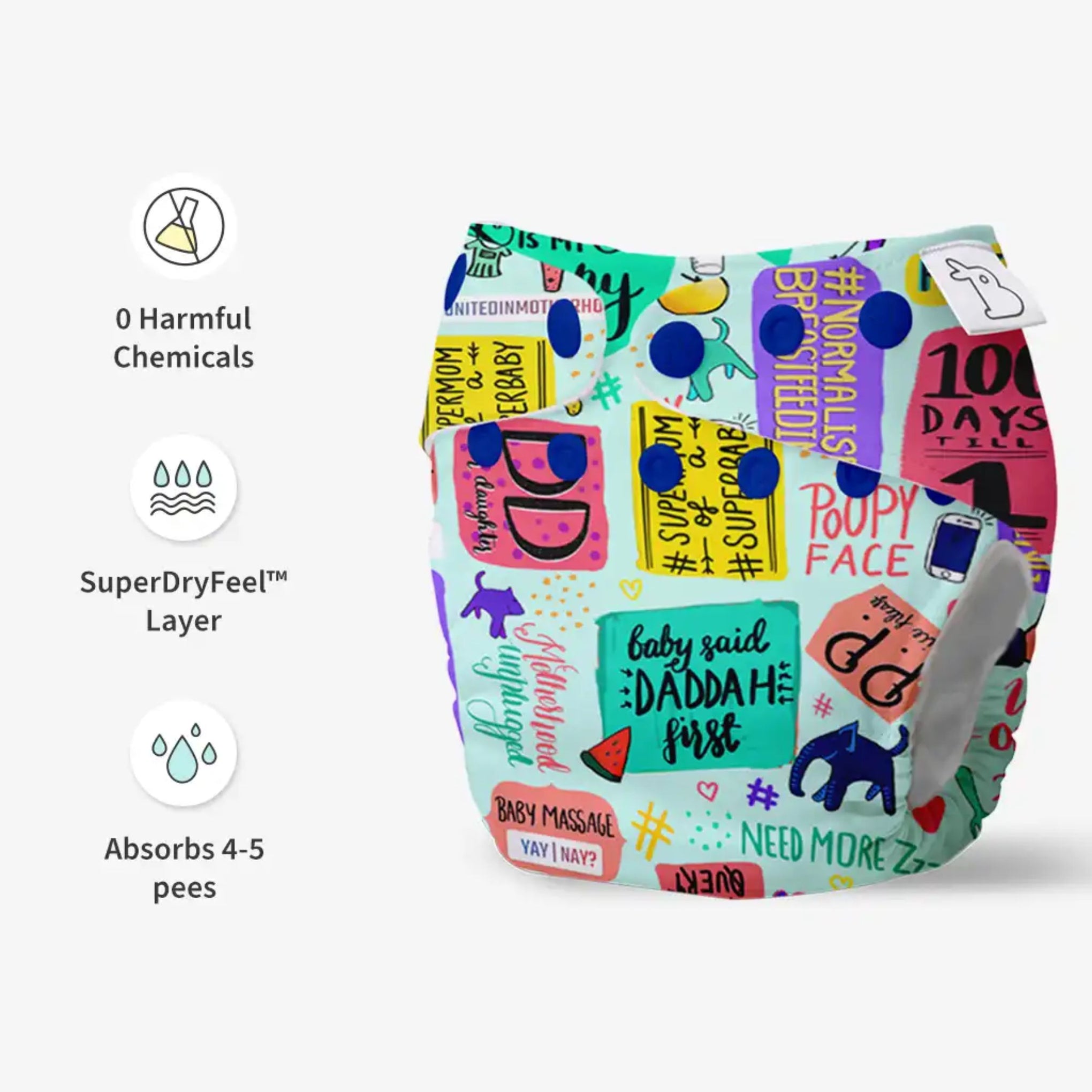 SUPER BOTTOMS Mommy Talk Free size UNO Cloth Diaper in white base  multicolor fully printed cloth diaper  | 1 skin-friendly UNO Cloth Diaper (1 Waterproof Outer) | 1 Dry Feel Magic Pad | 1 Booster Pad | 1 reusable easy clean top sheet