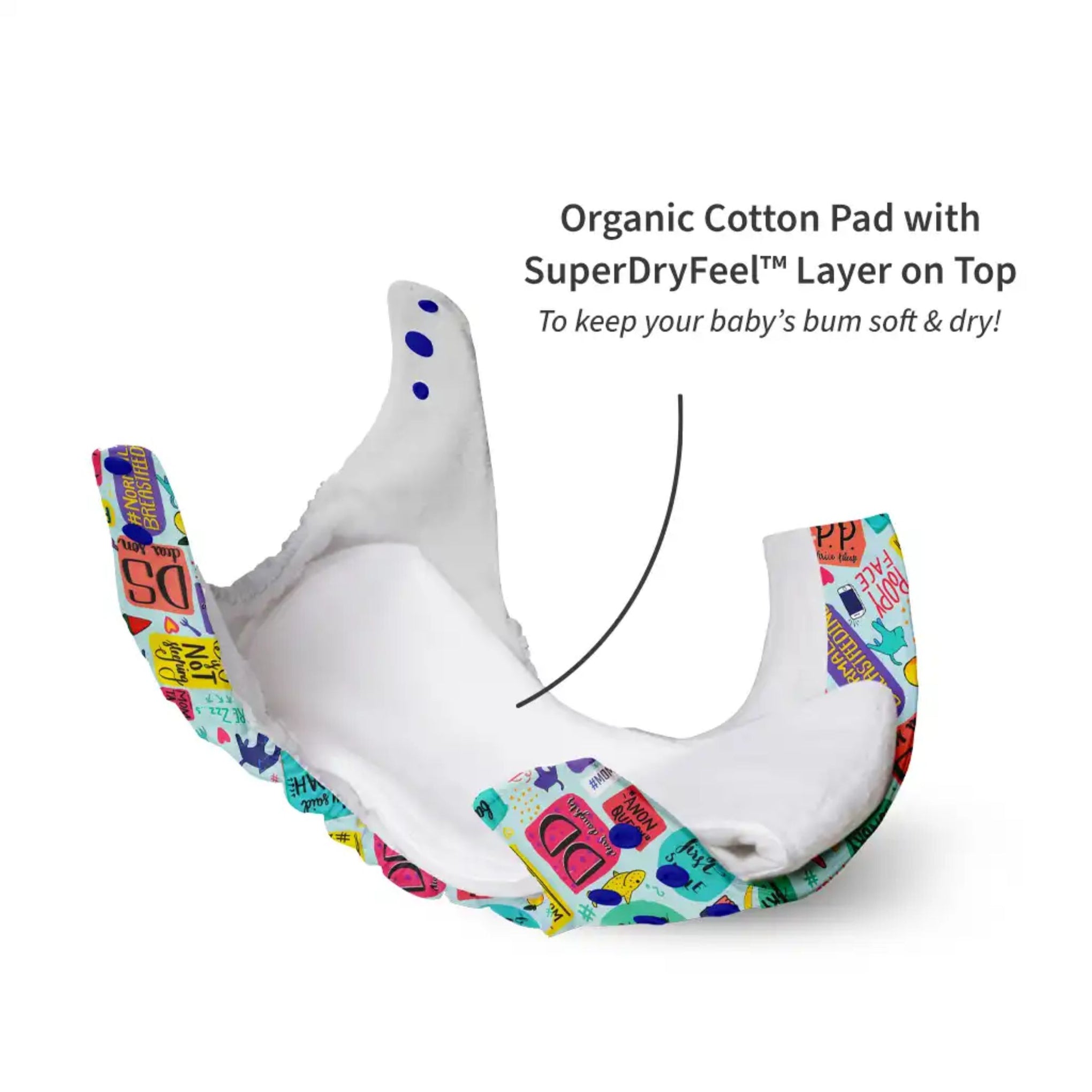 SUPER BOTTOMS Mommy Talk Free size UNO Cloth Diaper in white base  multicolor fully printed cloth diaper  | 1 skin-friendly UNO Cloth Diaper (1 Waterproof Outer) | 1 Dry Feel Magic Pad | 1 Booster Pad | 1 reusable easy clean top sheet