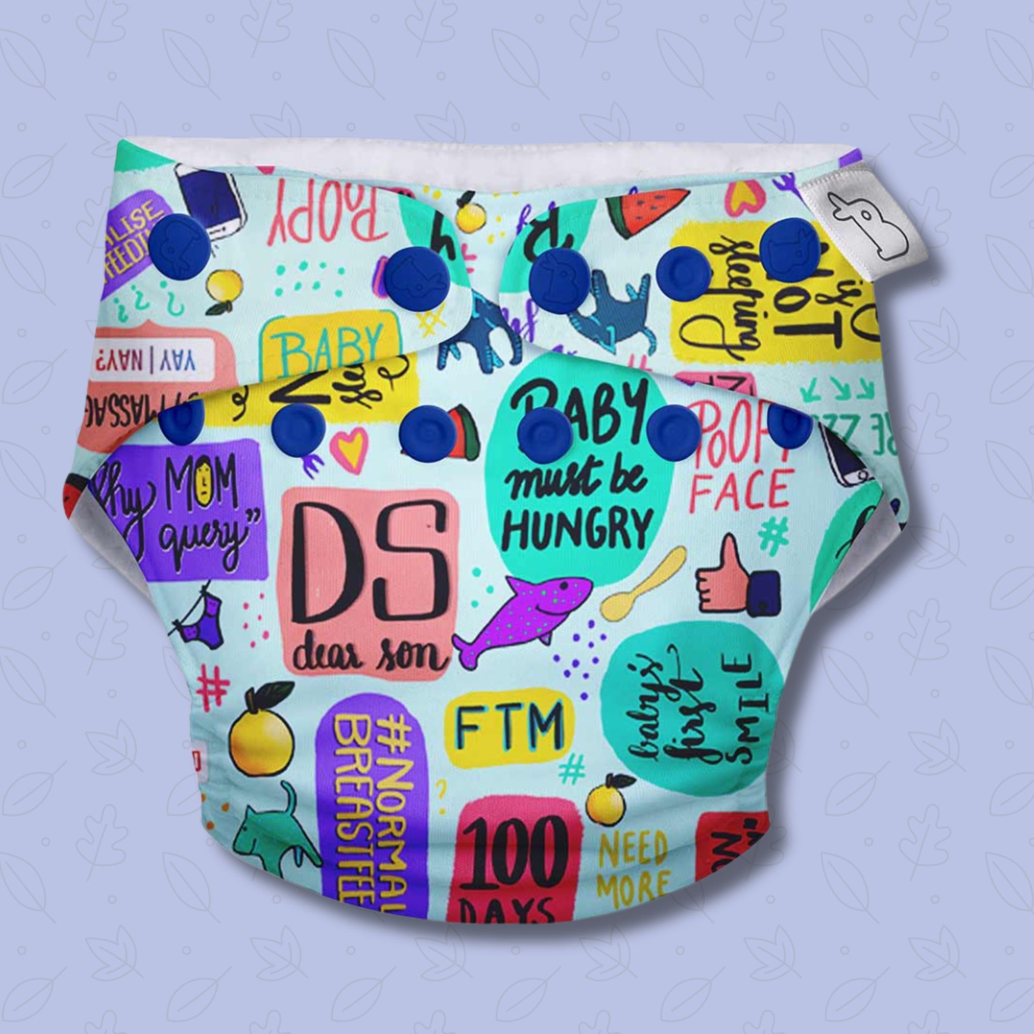 SUPER BOTTOMS Mommy Talk Free size UNO Cloth Diaper in white base  multicolor fully printed cloth diaper  | 1 skin-friendly UNO Cloth Diaper (1 Waterproof Outer) | 1 Dry Feel Magic Pad | 1 Booster Pad | 1 reusable easy clean top sheet