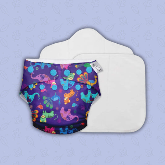 SUPER BOTTOMS Purple Love Free size UNO Cloth Diaper in Purple color with animal printed | 1 skin-friendly UNO Cloth Diaper (1 Waterproof Outer) | 1 Dry Feel Magic Pad | 1 Booster Pad | 1 reusable easy clean top sheet
