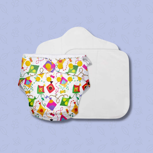 SUPER BOTTOMS Coloured Skies multicolor kites printed Free size UNO Cloth Diaper | 1 skin-friendly UNO Cloth Diaper (1 Waterproof Outer) | 1 Dry Feel Magic Pad | 1 Booster Pad | 1 reusable easy clean top sheet